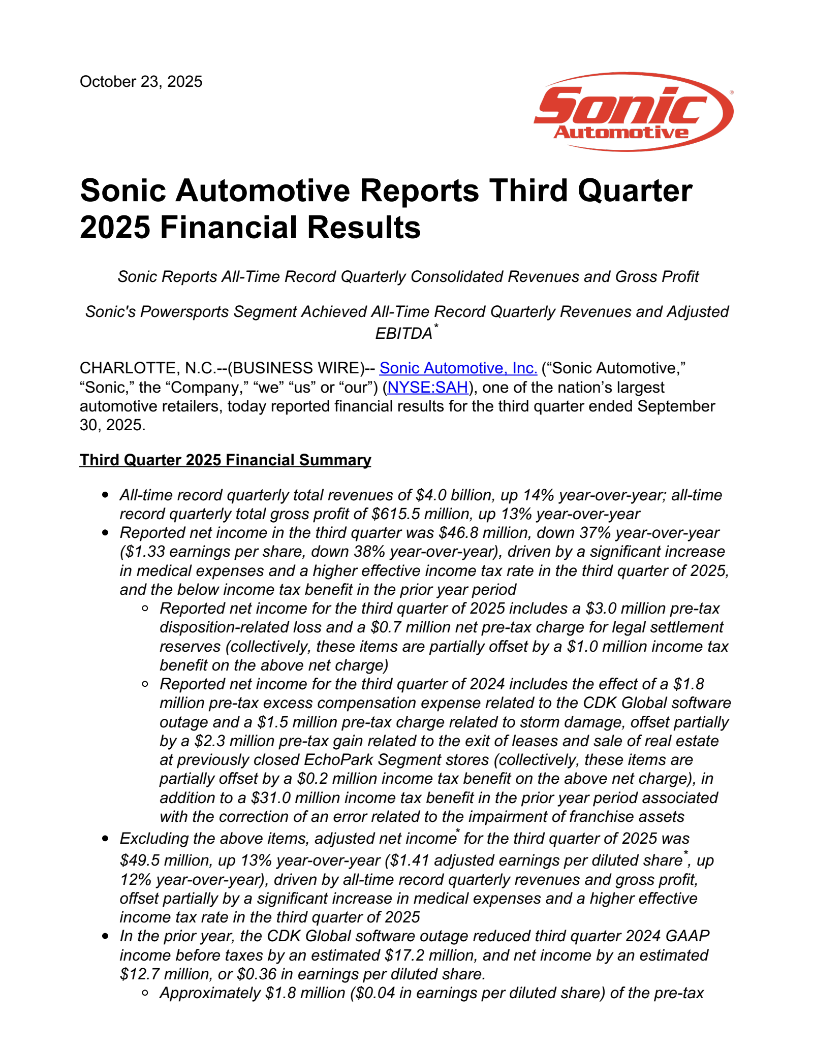 Sonic Automotive's Q3 2025 Earnings Release