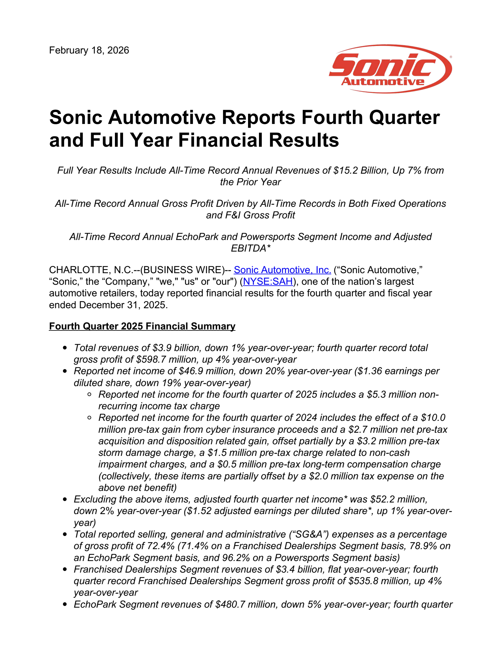 Sonic Automotive's Q4 2025 Press Release