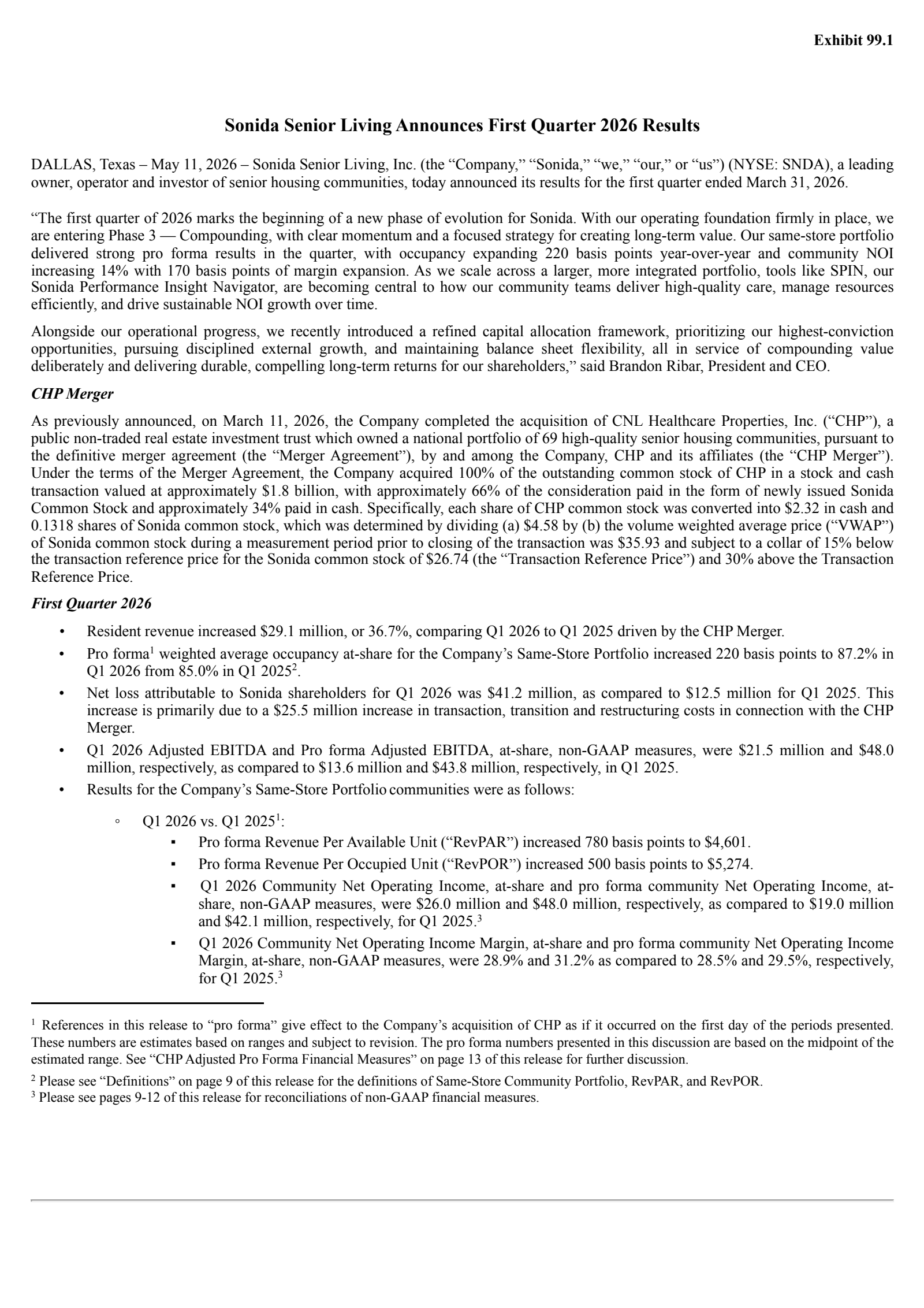 Sonida Senior Living's Q1 2026 Press Release