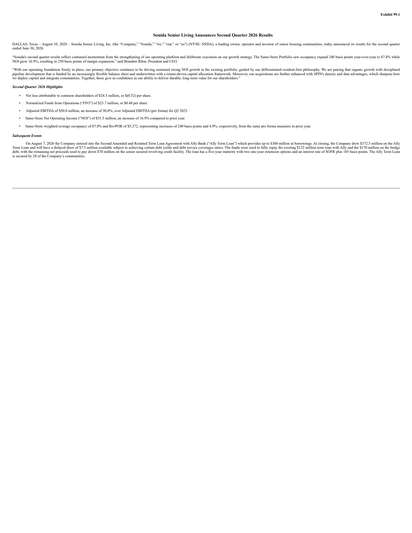 Sonida Senior Living's Q2 2026 Press Release
