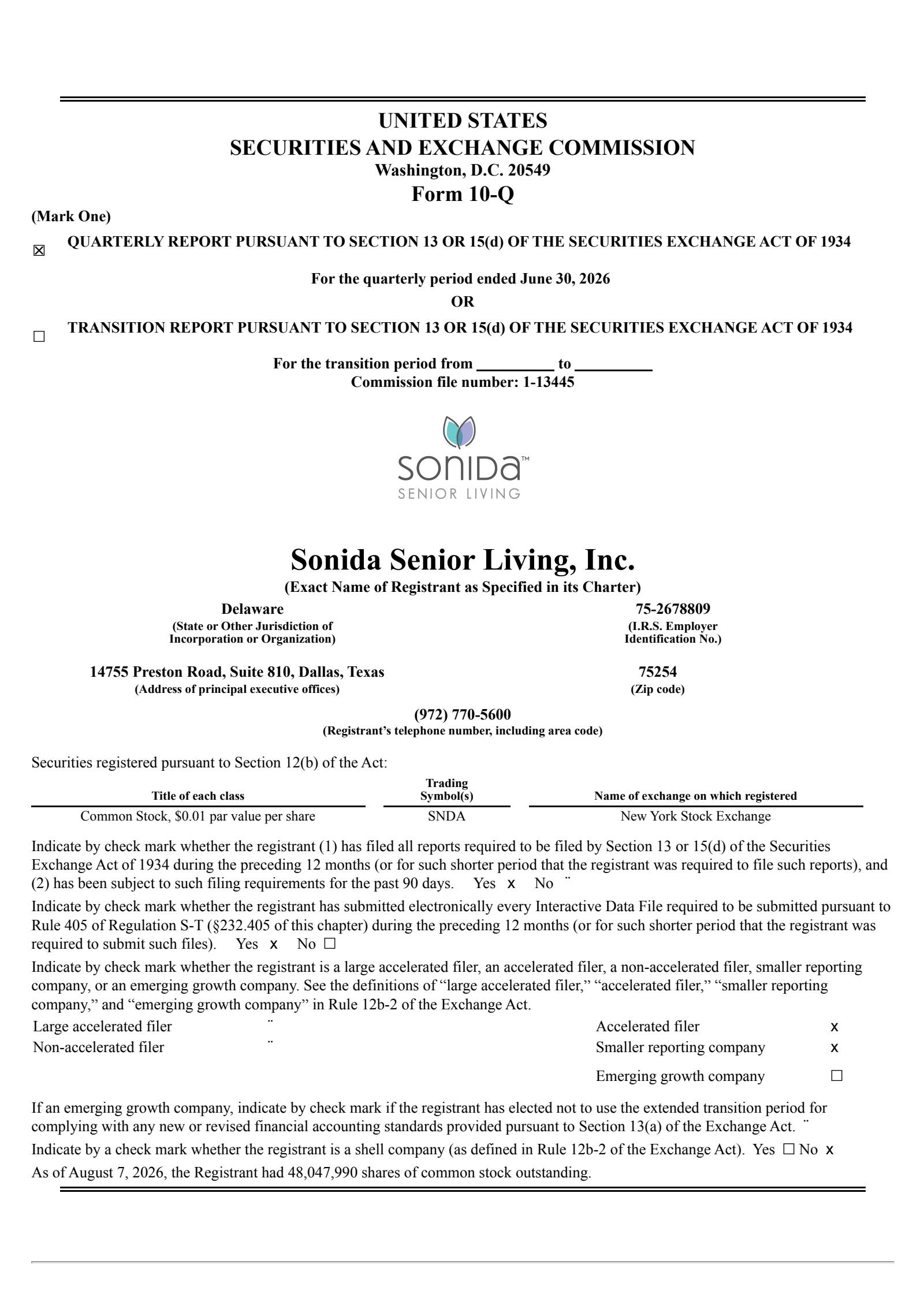 Sonida Senior Living's Q2 2026 Quarterly report