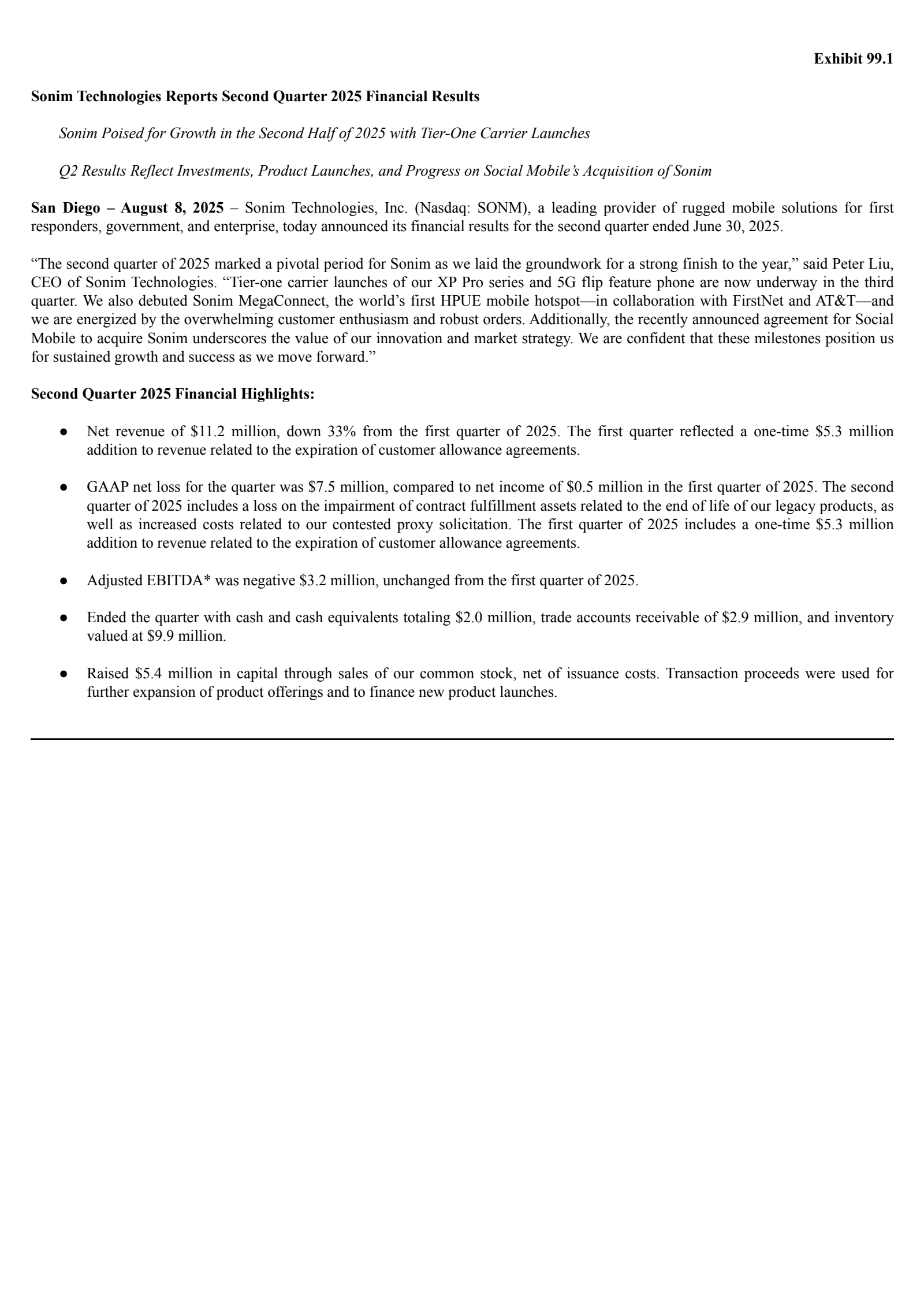 Sonim Technologies' Q2 2025 Press Release