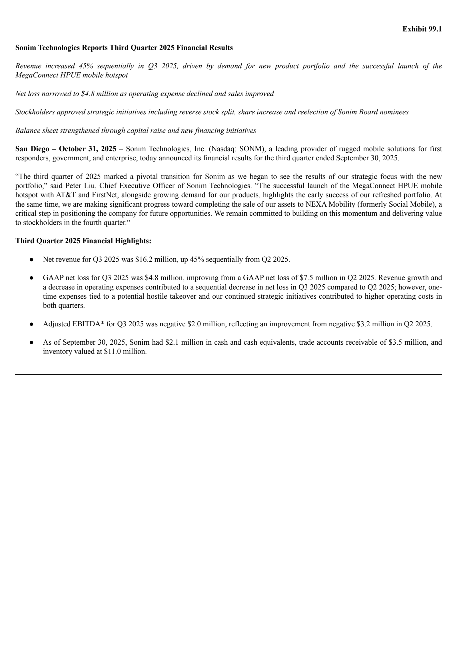 Sonim Technologies' Q3 2025 Earnings Release