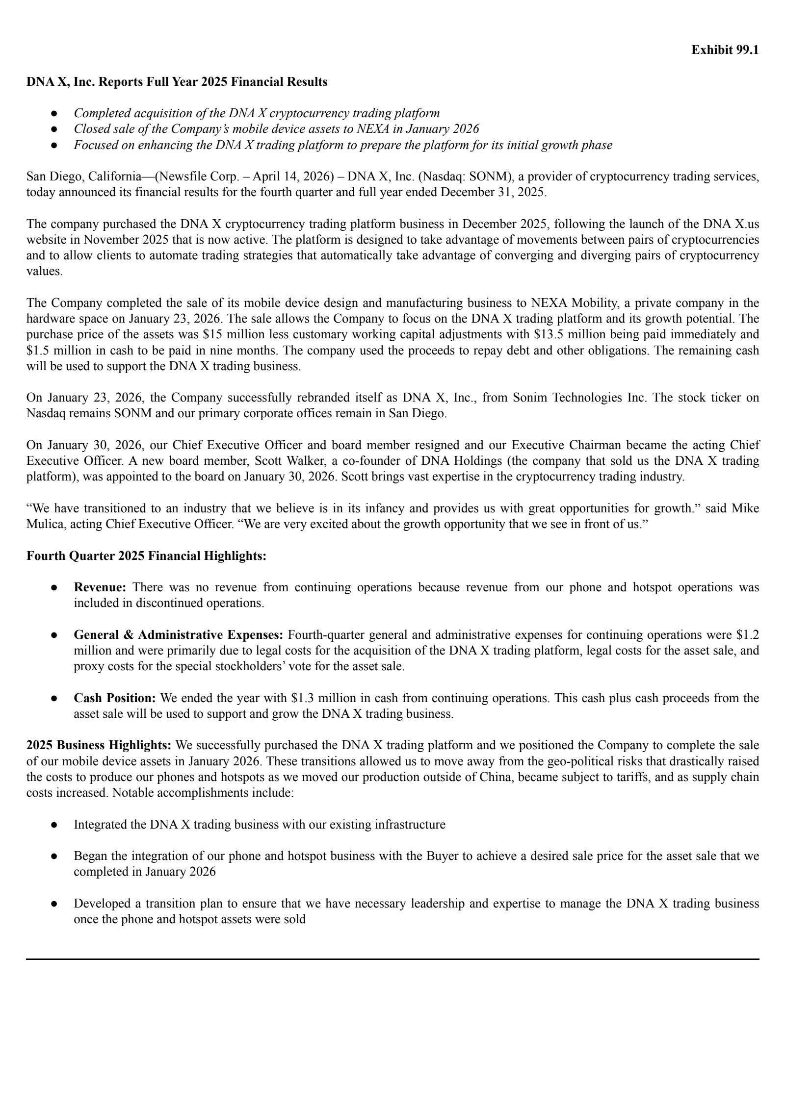 Sonim Technologies' Q4 2025 Press Release