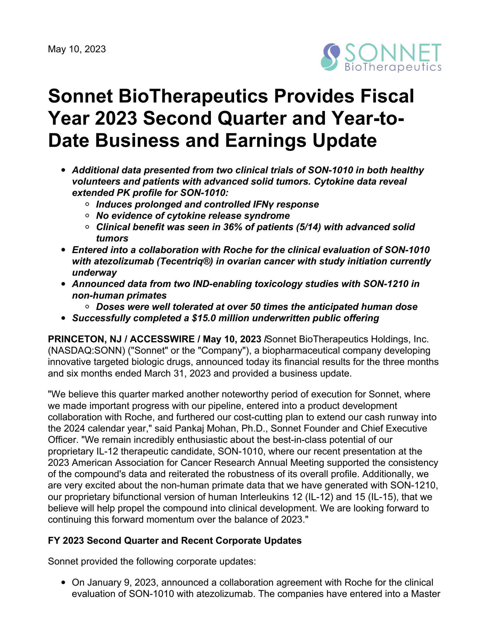 Sonnet BioTherapeutics' Q2 2023 Press Release