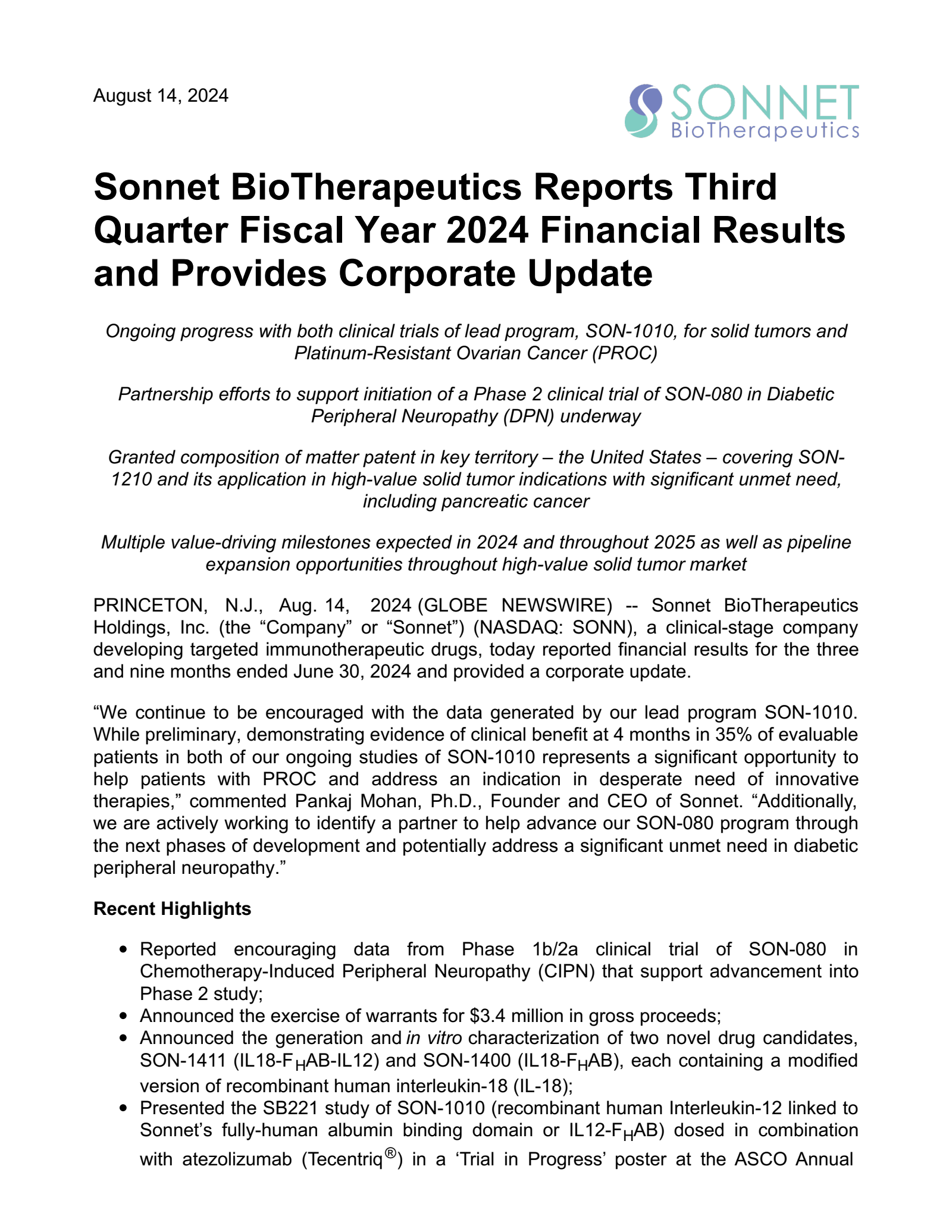 Sonnet BioTherapeutics' Q3 2024 Press Release