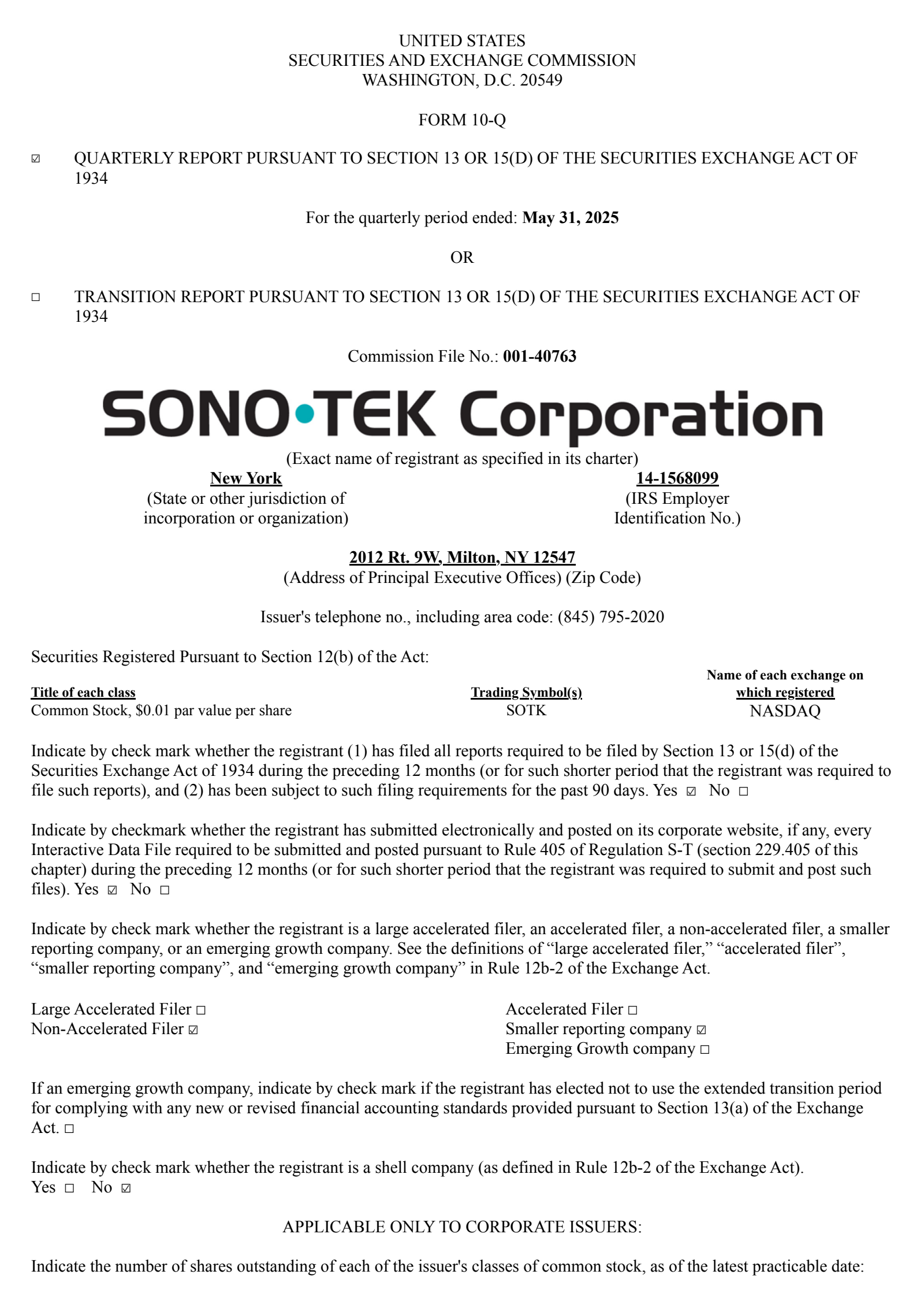 Sono-Tek's Q1 2026 Quarterly report