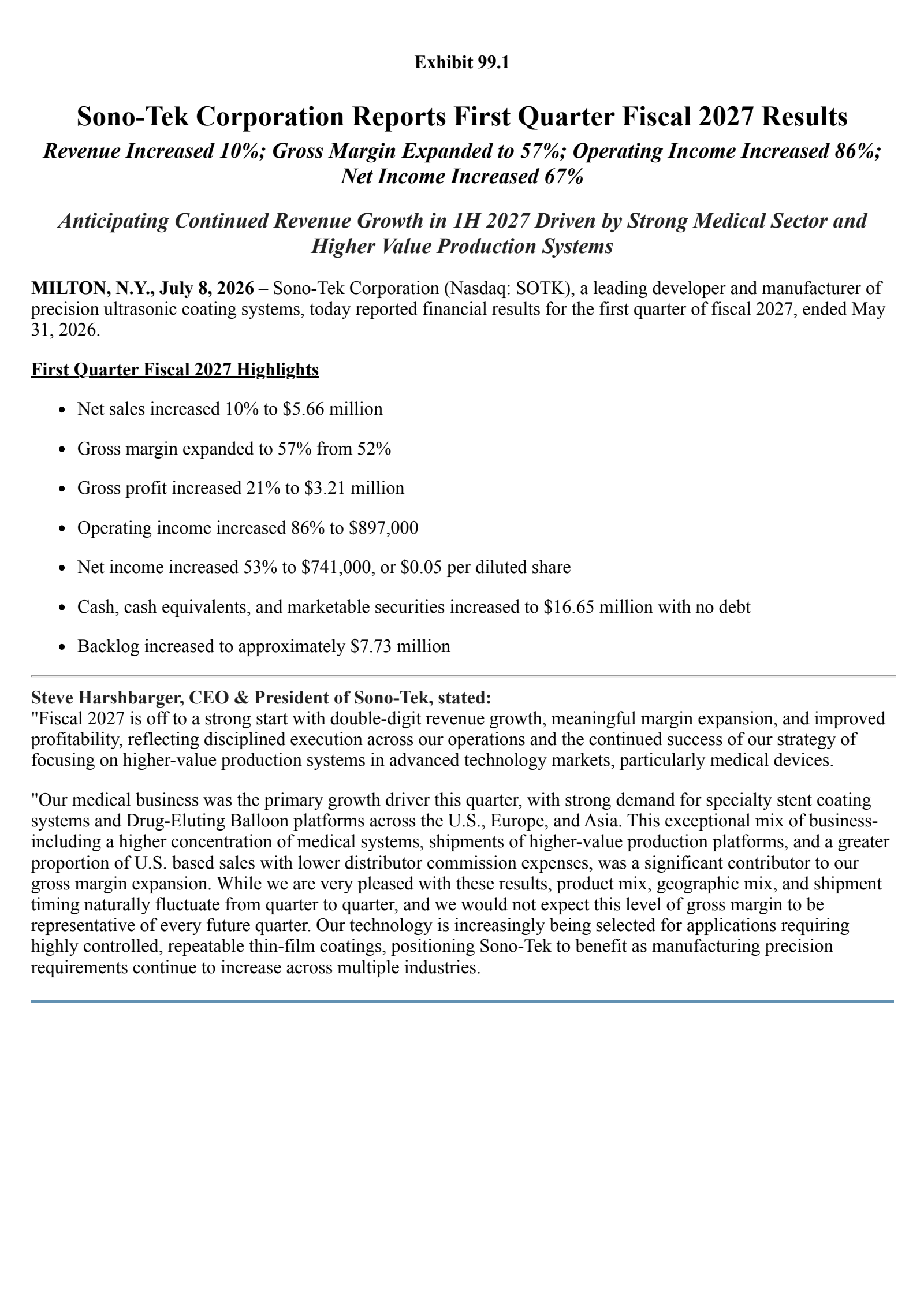 Sono-Tek's Q1 2027 Press Release