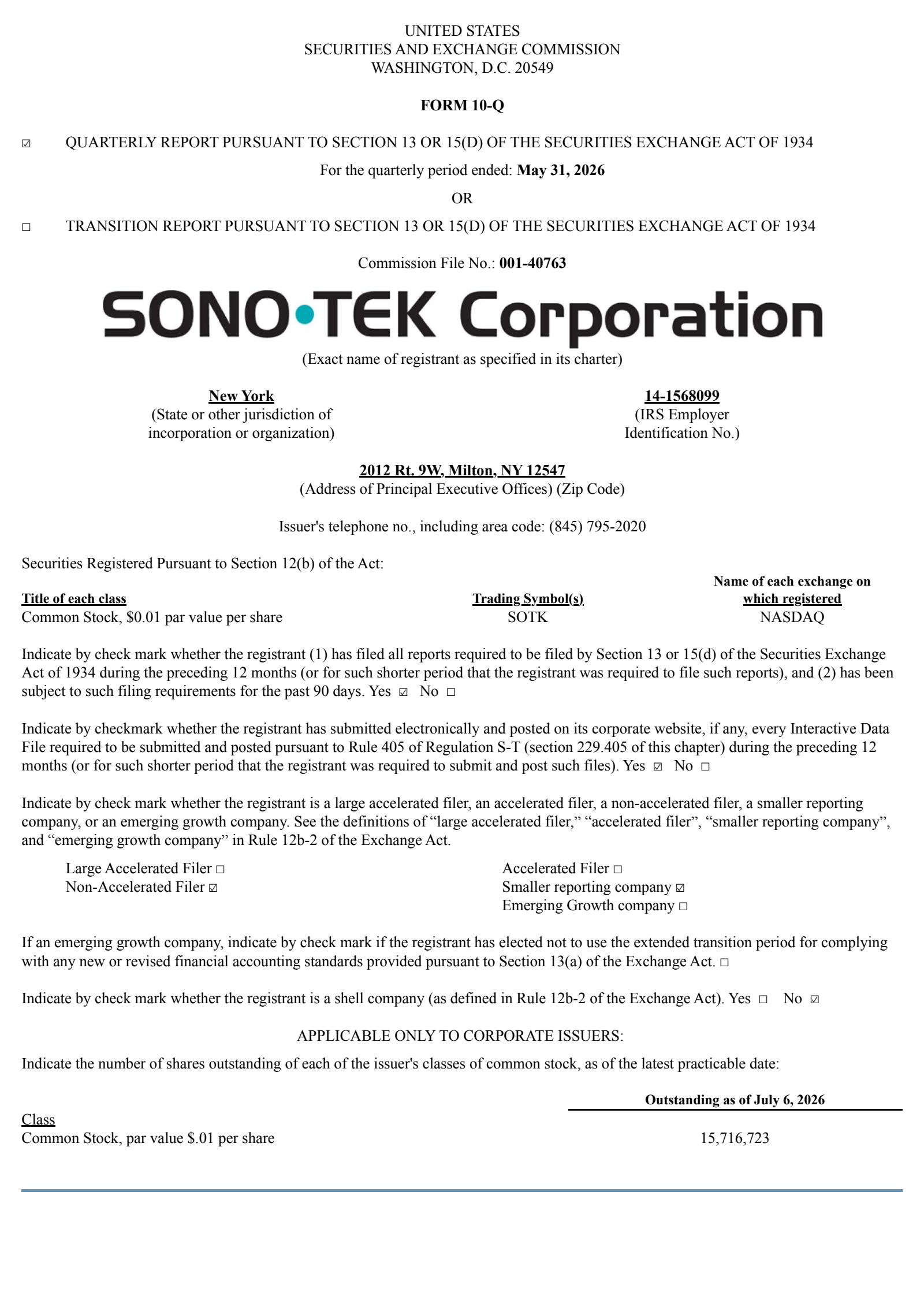 Sono-Tek's Q1 2027 Quarterly report