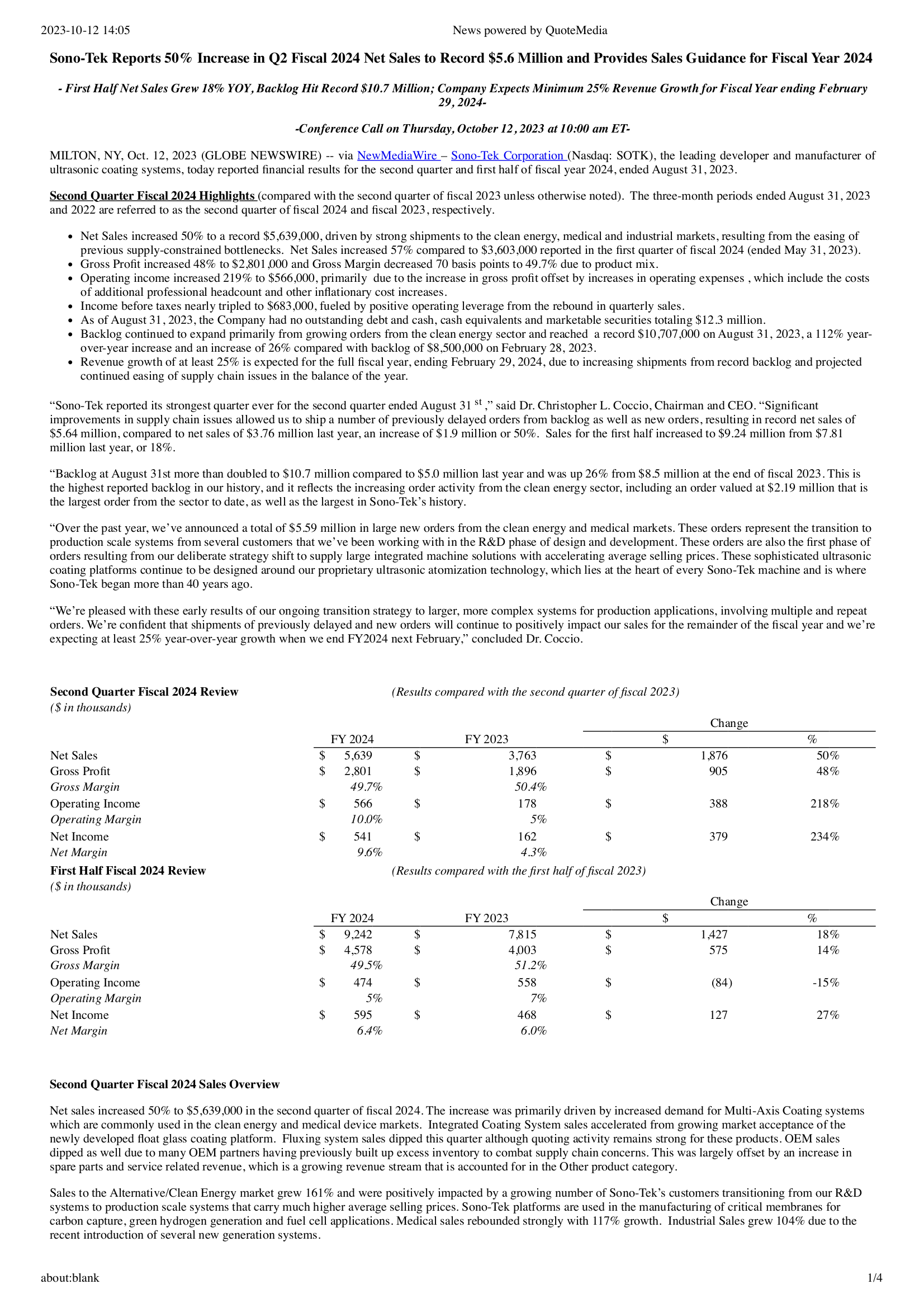 Sono-Tek's Q2 2024 Press Release