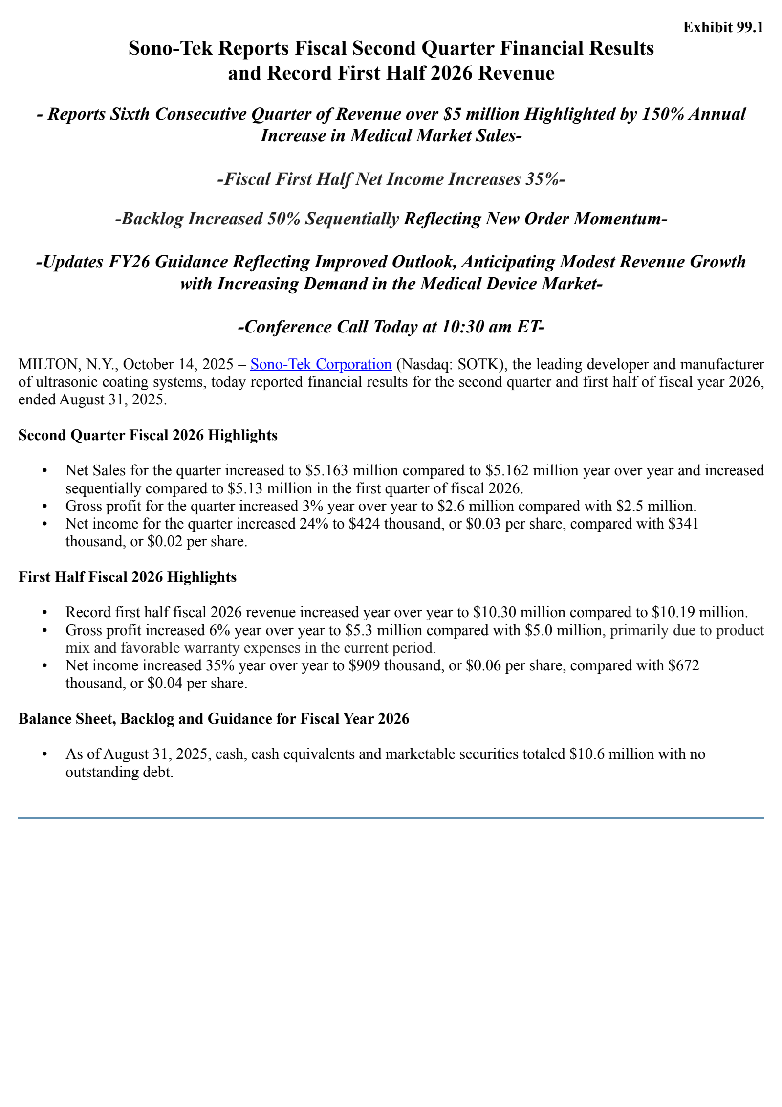 Sono-Tek's Q2 2026 Earnings Release