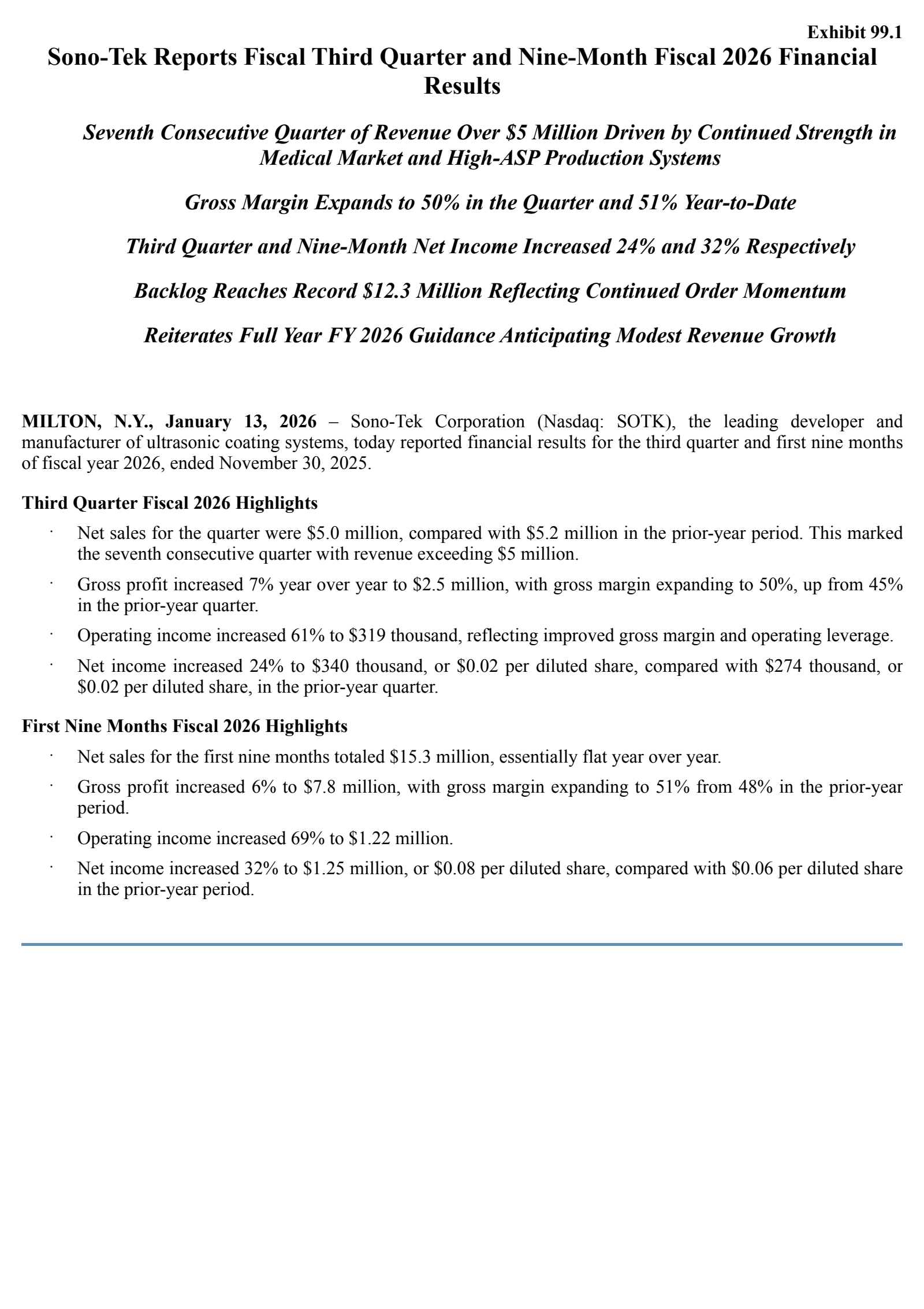 Sono-Tek's Q3 2026 Press Release