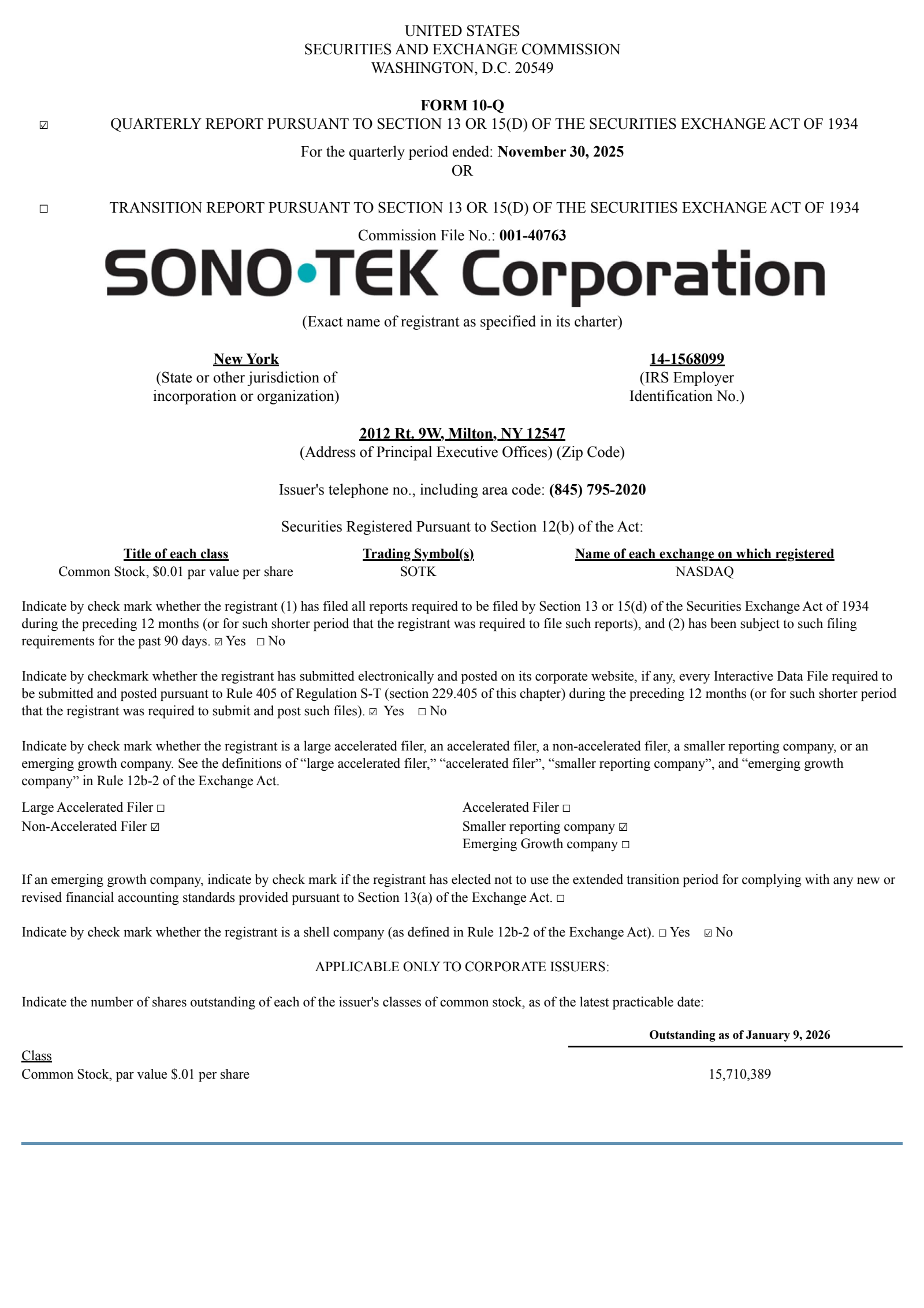 Sono-Tek's Q3 2026 Quarterly report