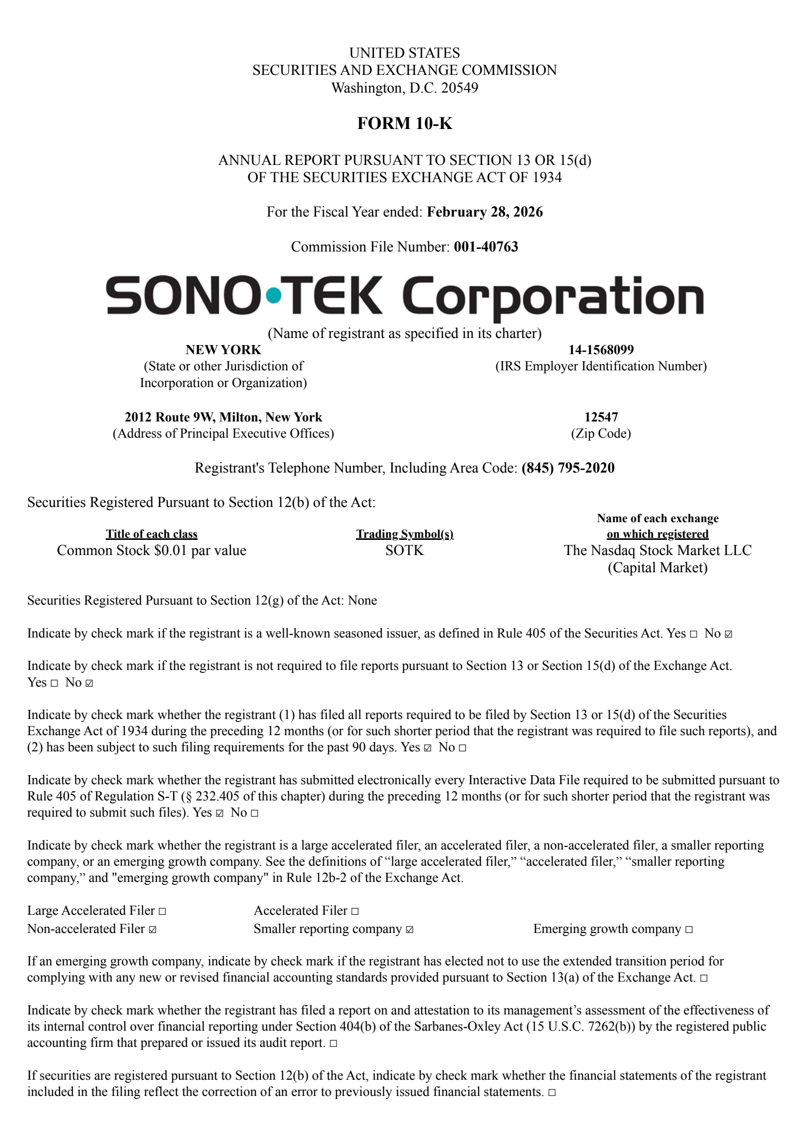 Sono-Tek's Q4 2026 Annual report