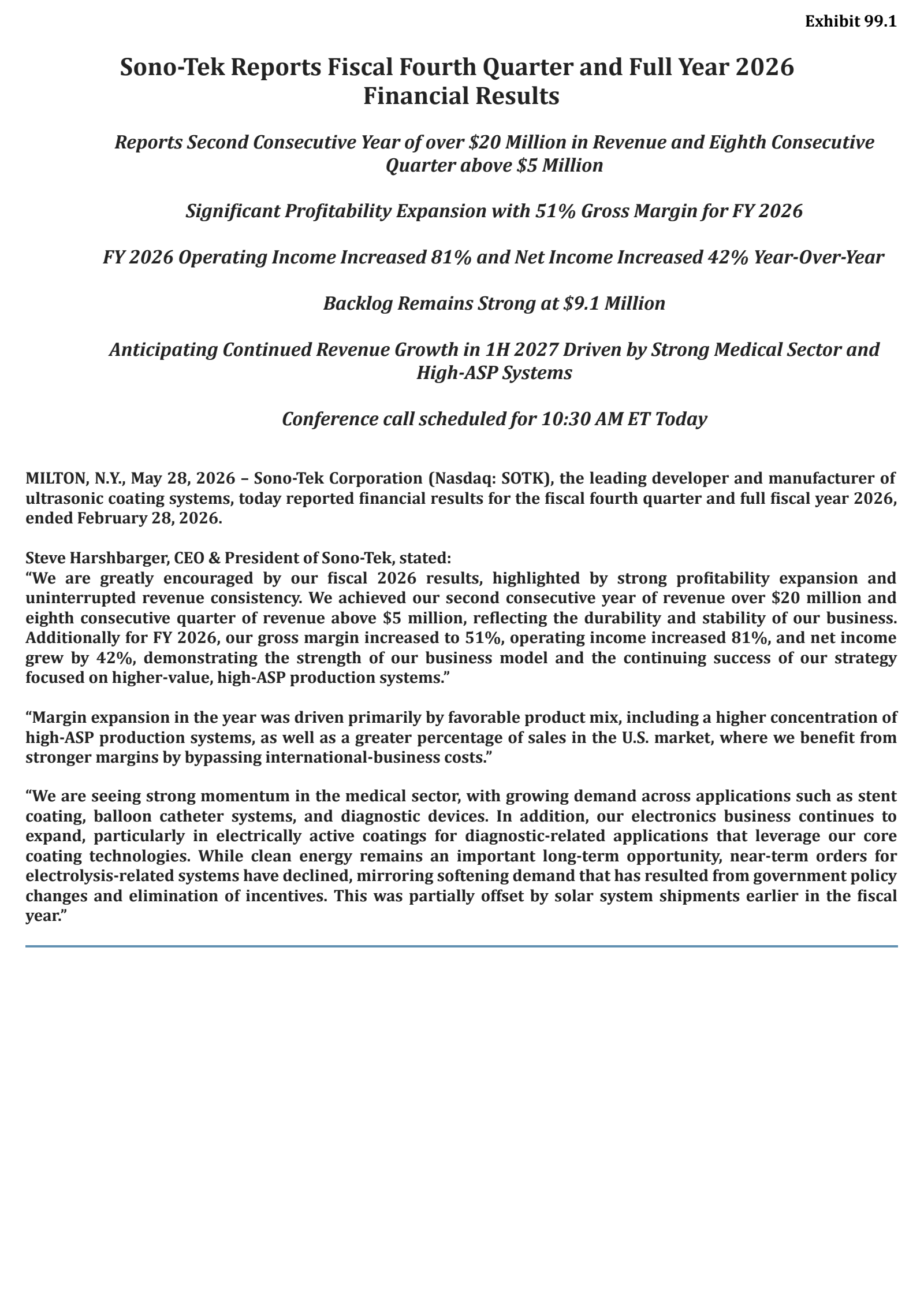 Sono-Tek's Q4 2026 Press Release