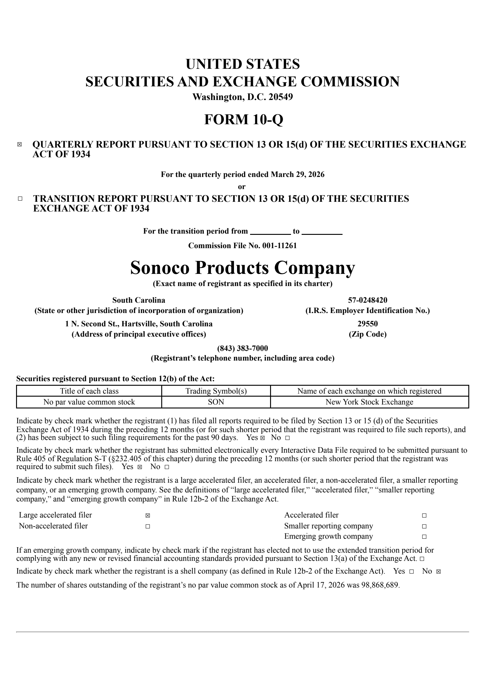 Sonoco Products' Q1 2026 Quarterly report