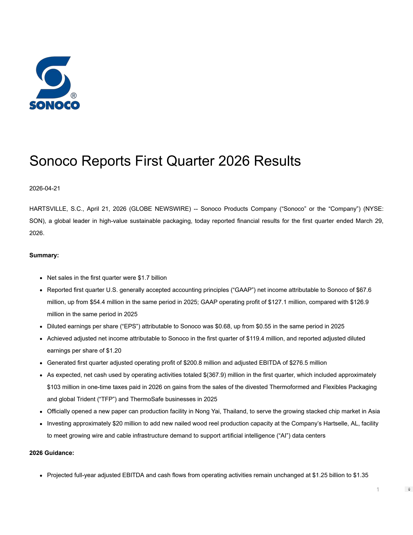 Sonoco Products' Q1 2026 Press Release