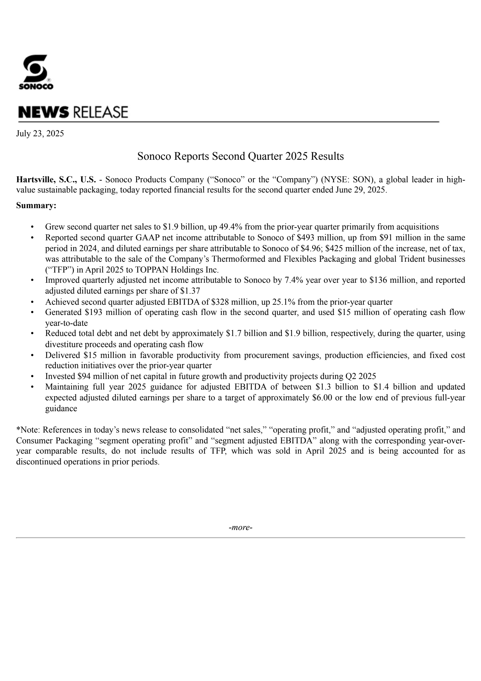 Sonoco Products' Q2 2025 Press Release