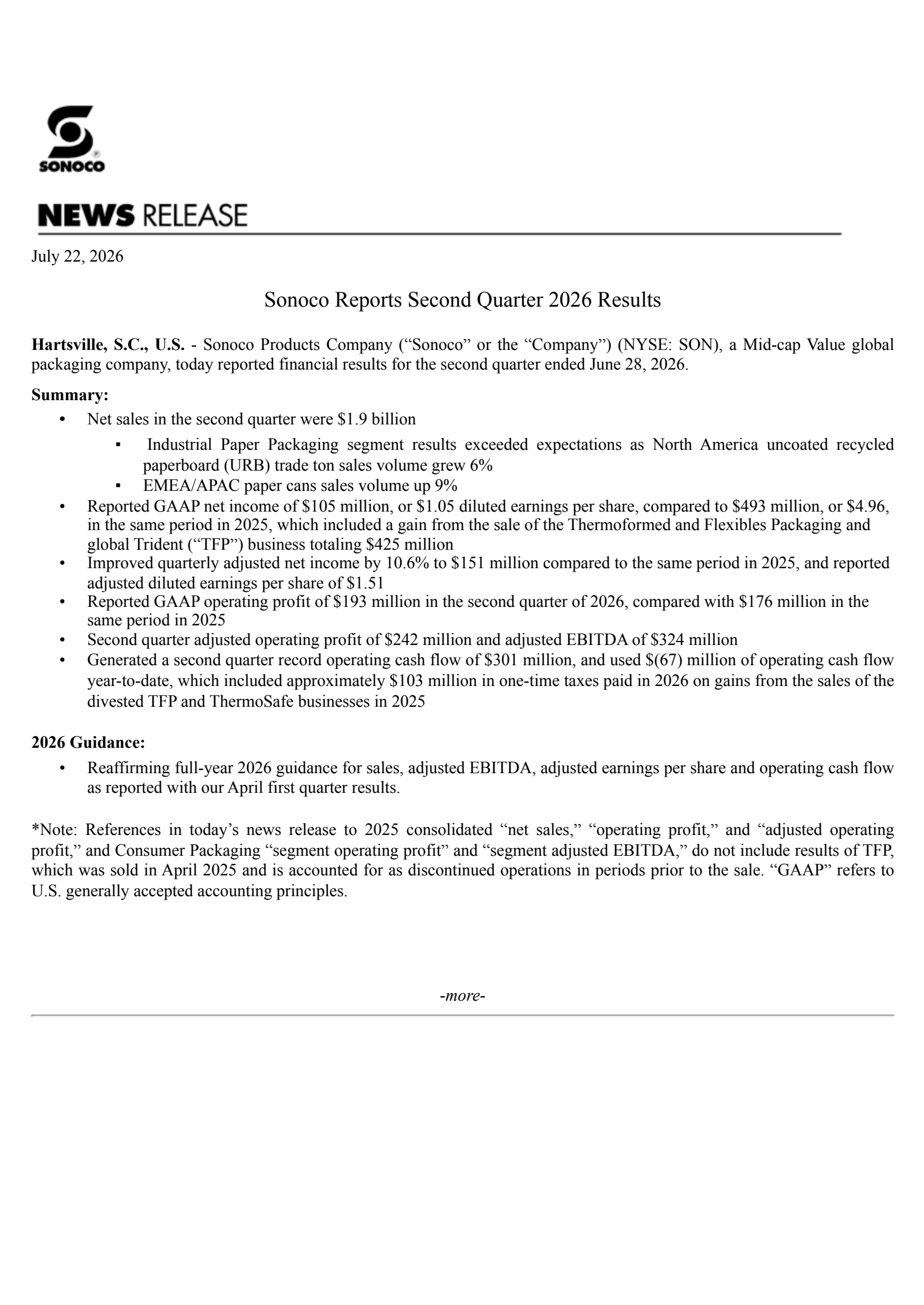 Sonoco Products' Q2 2026 Press Release