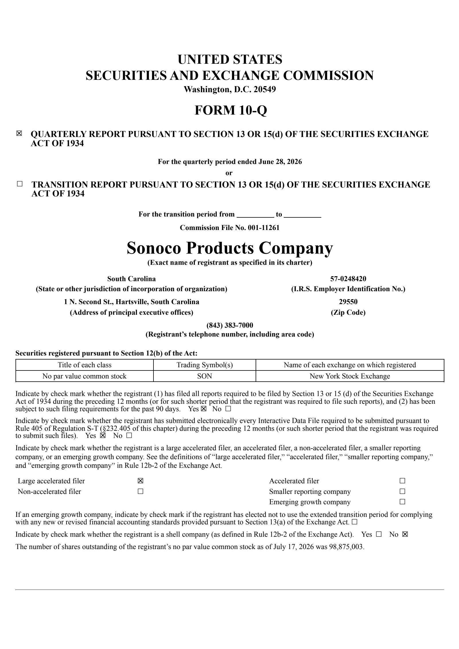 Sonoco Products' Q2 2026 Quarterly report
