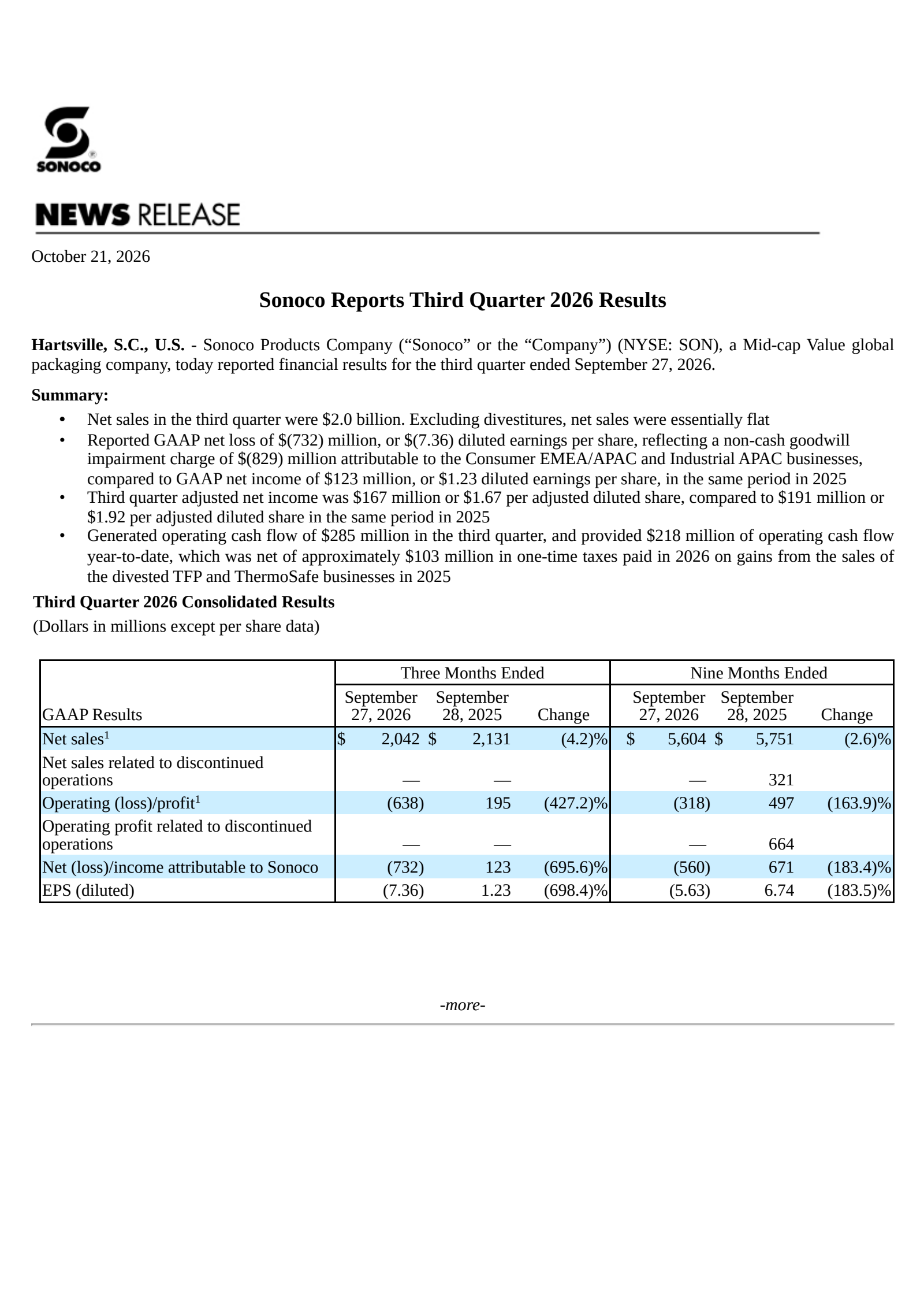 Sonoco Products' Q3 2026 Press Release