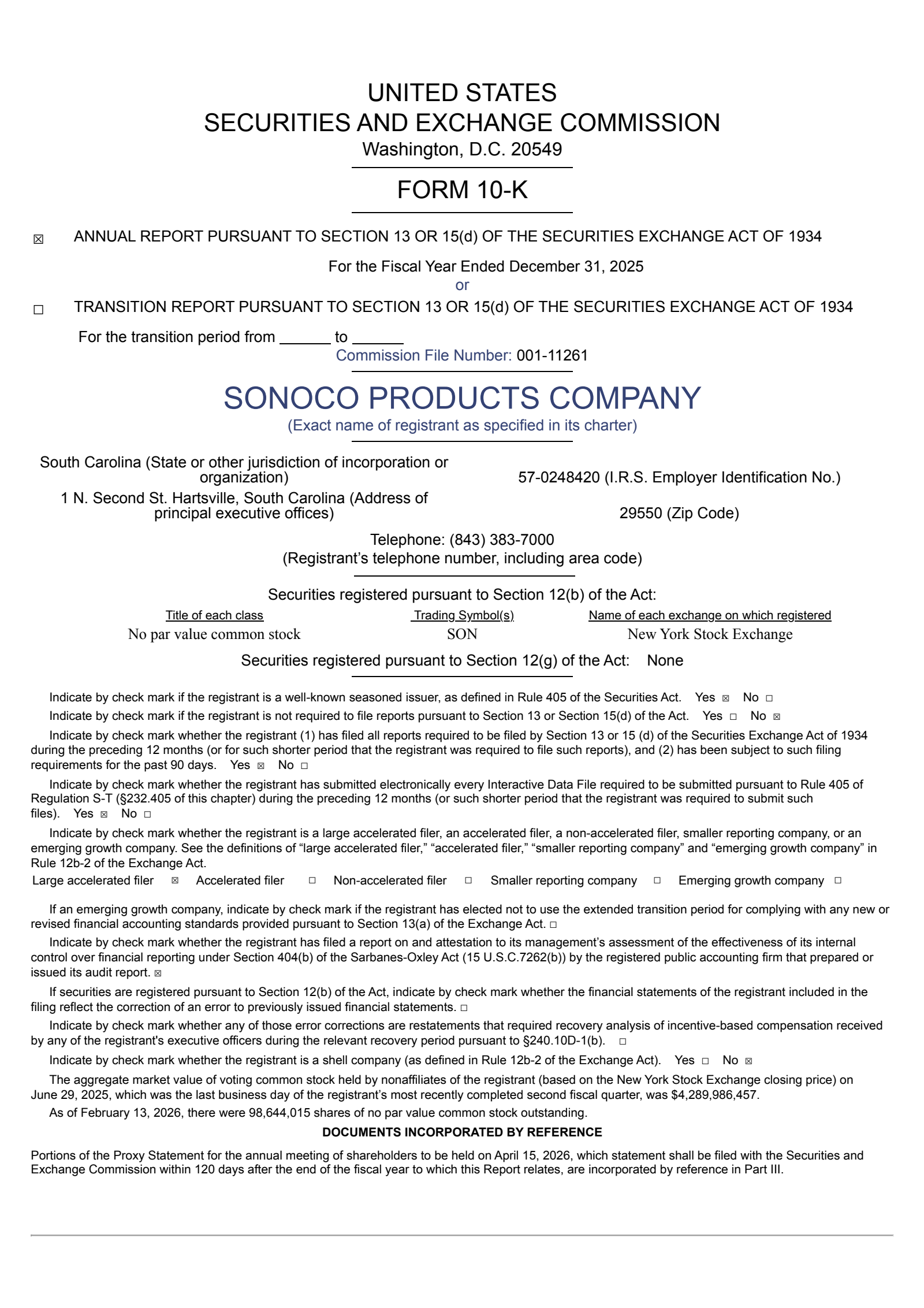 Sonoco Products' Q4 2025 Annual report