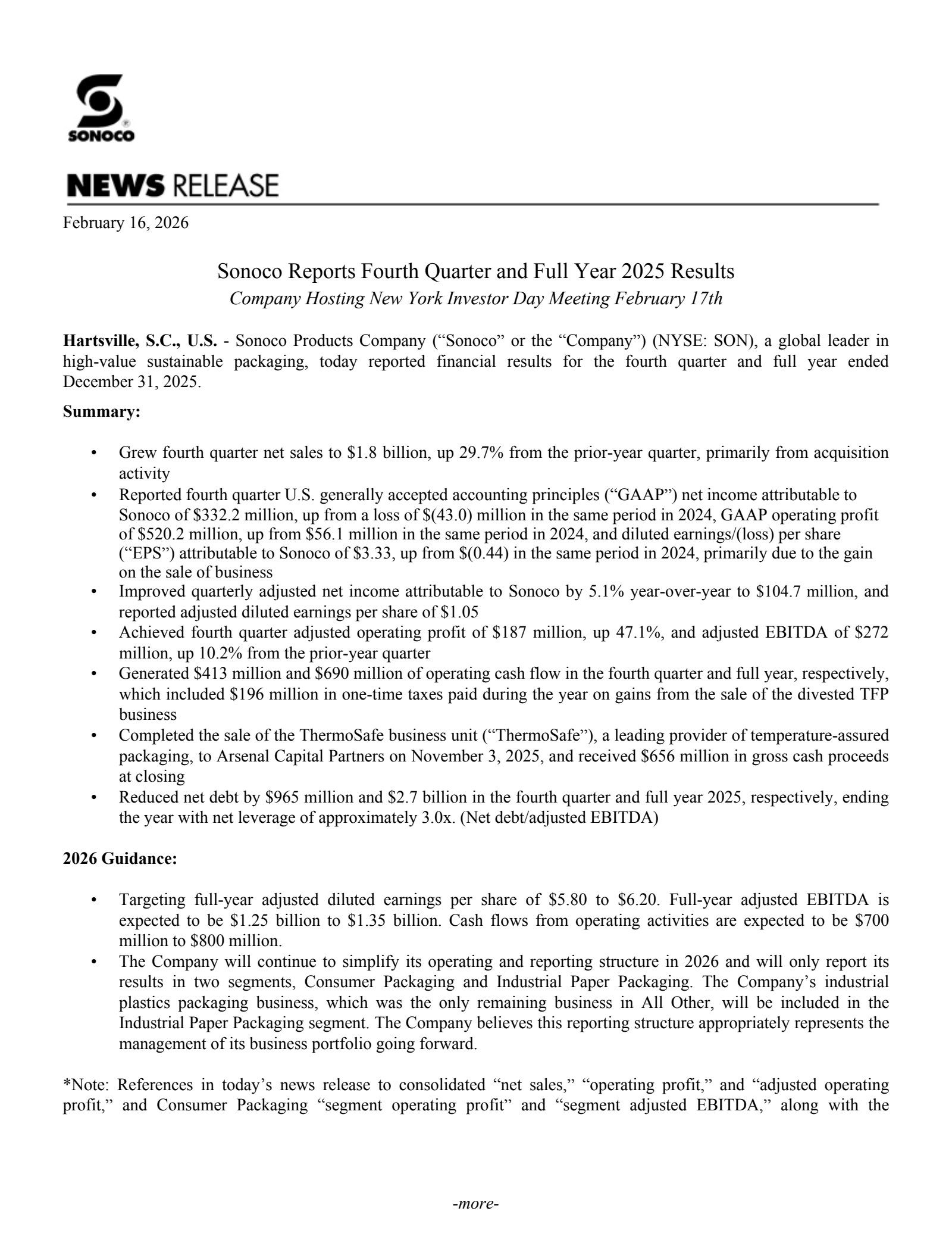 Sonoco Products' Q4 2025 Press Release