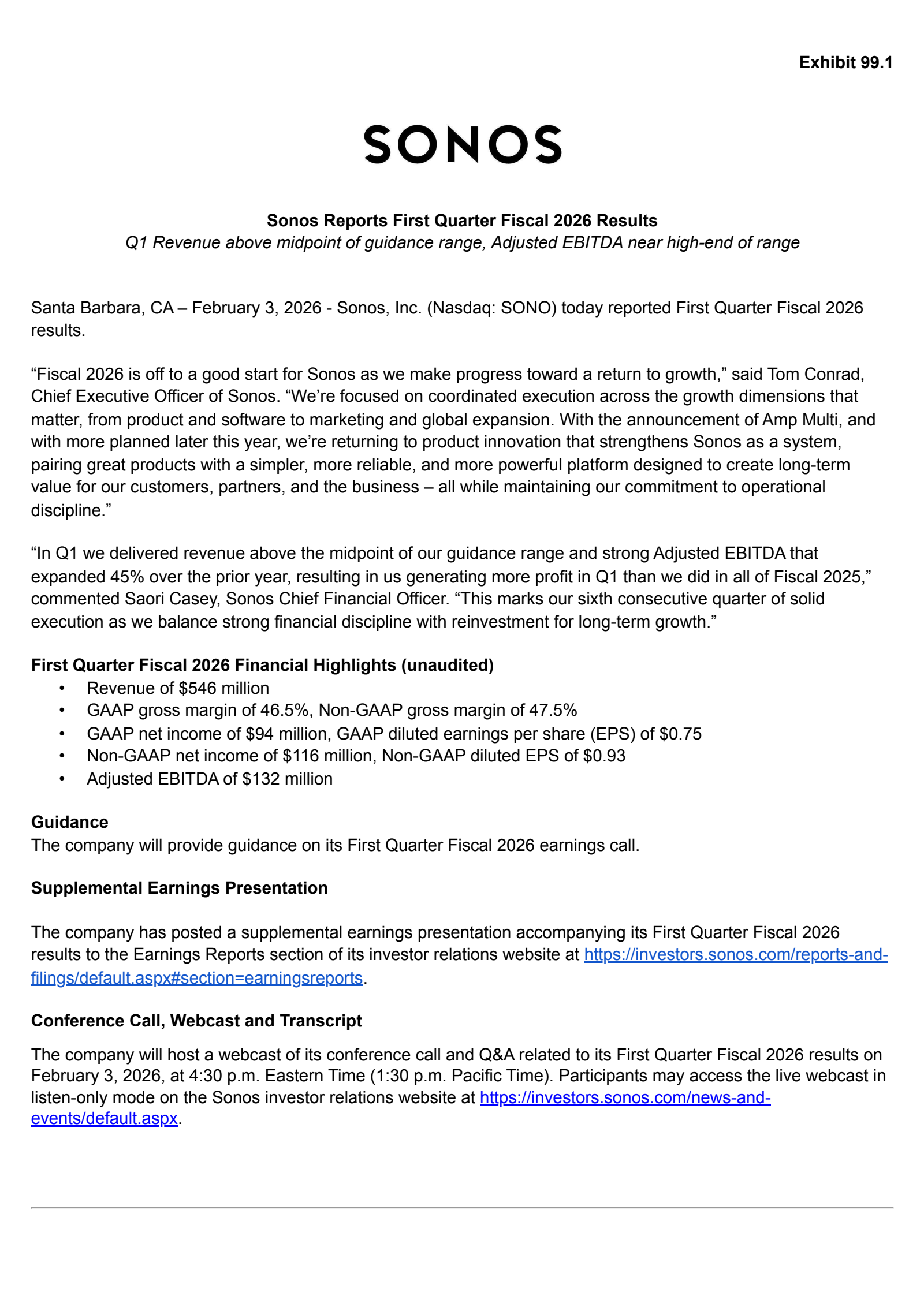 Sonos' Q1 2026 Press Release
