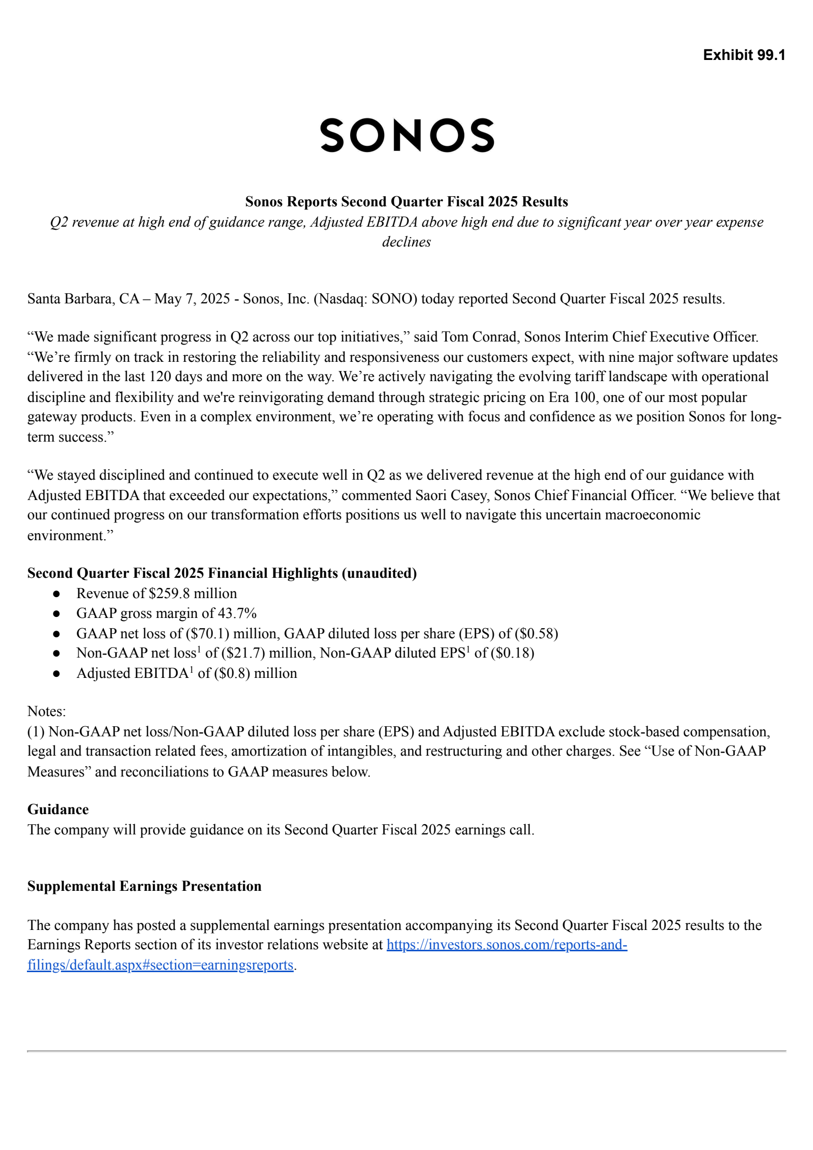 Sonos' Q2 2025 Press Release