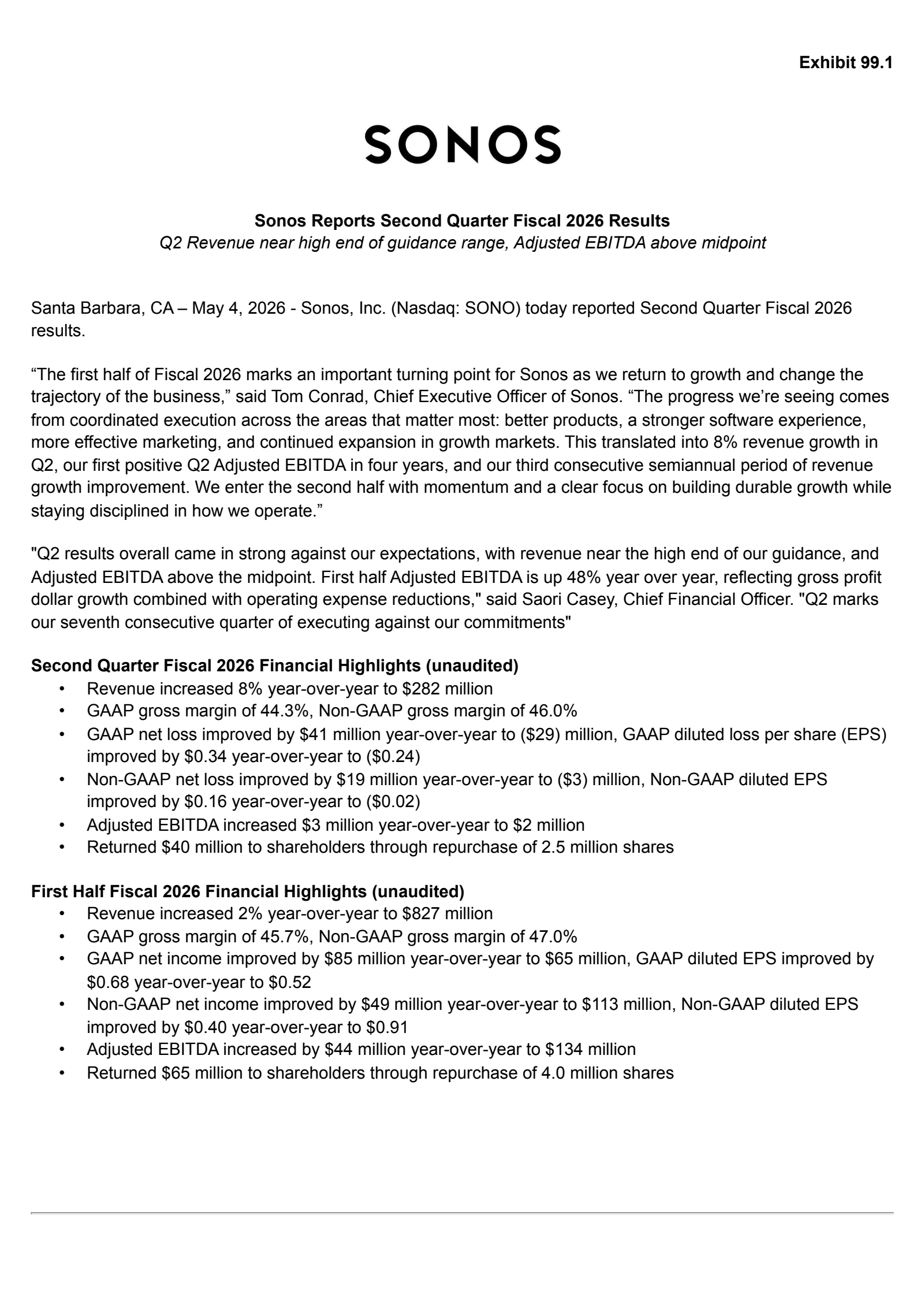 Sonos' Q2 2026 Press Release