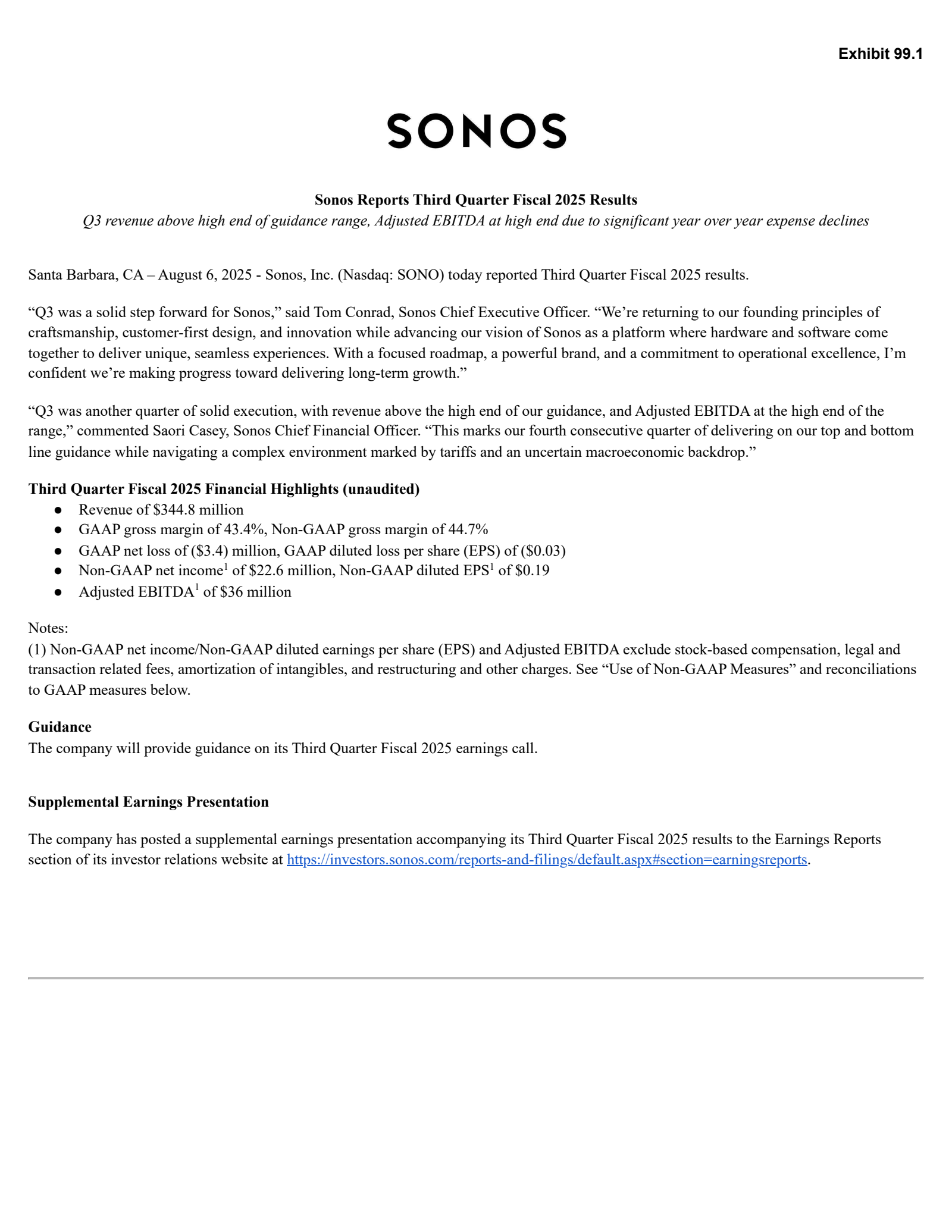 Sonos' Q3 2025 Press Release