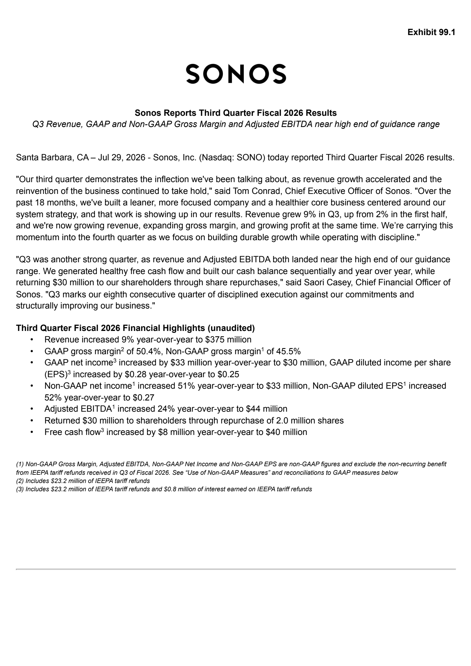 Sonos' Q3 2026 Press Release