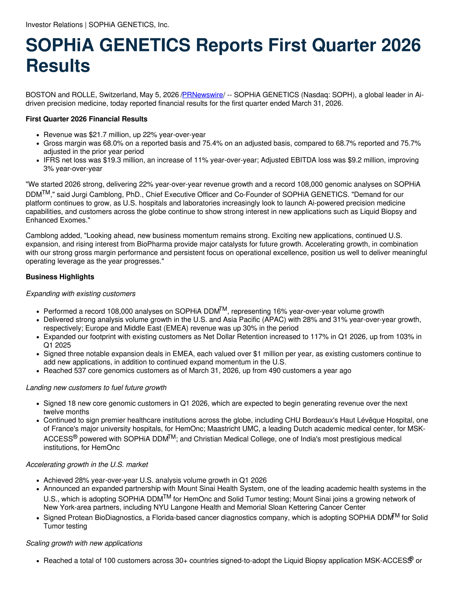 SOPHiA GENETICS's Q1 2026 Press Release