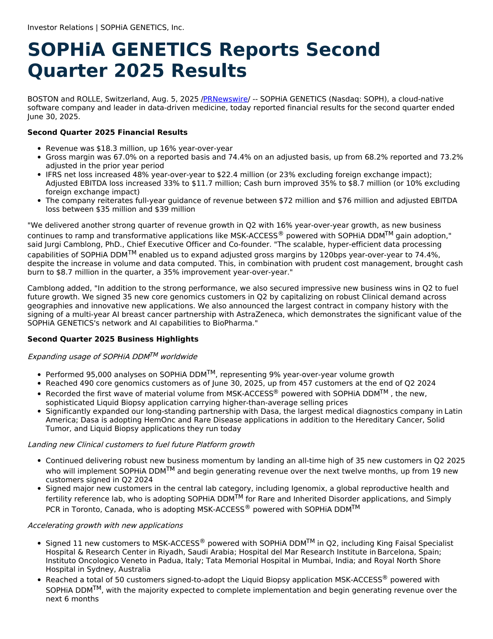 SOPHiA GENETICS's Q2 2025 Press Release