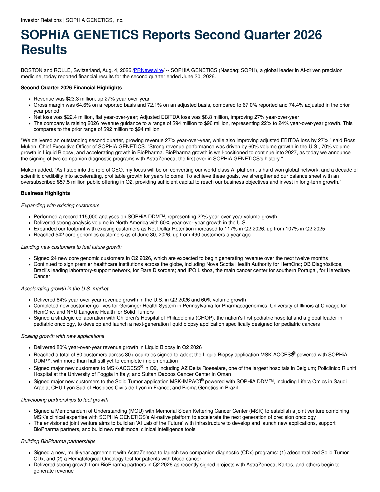 SOPHiA GENETICS's Q2 2026 Press Release