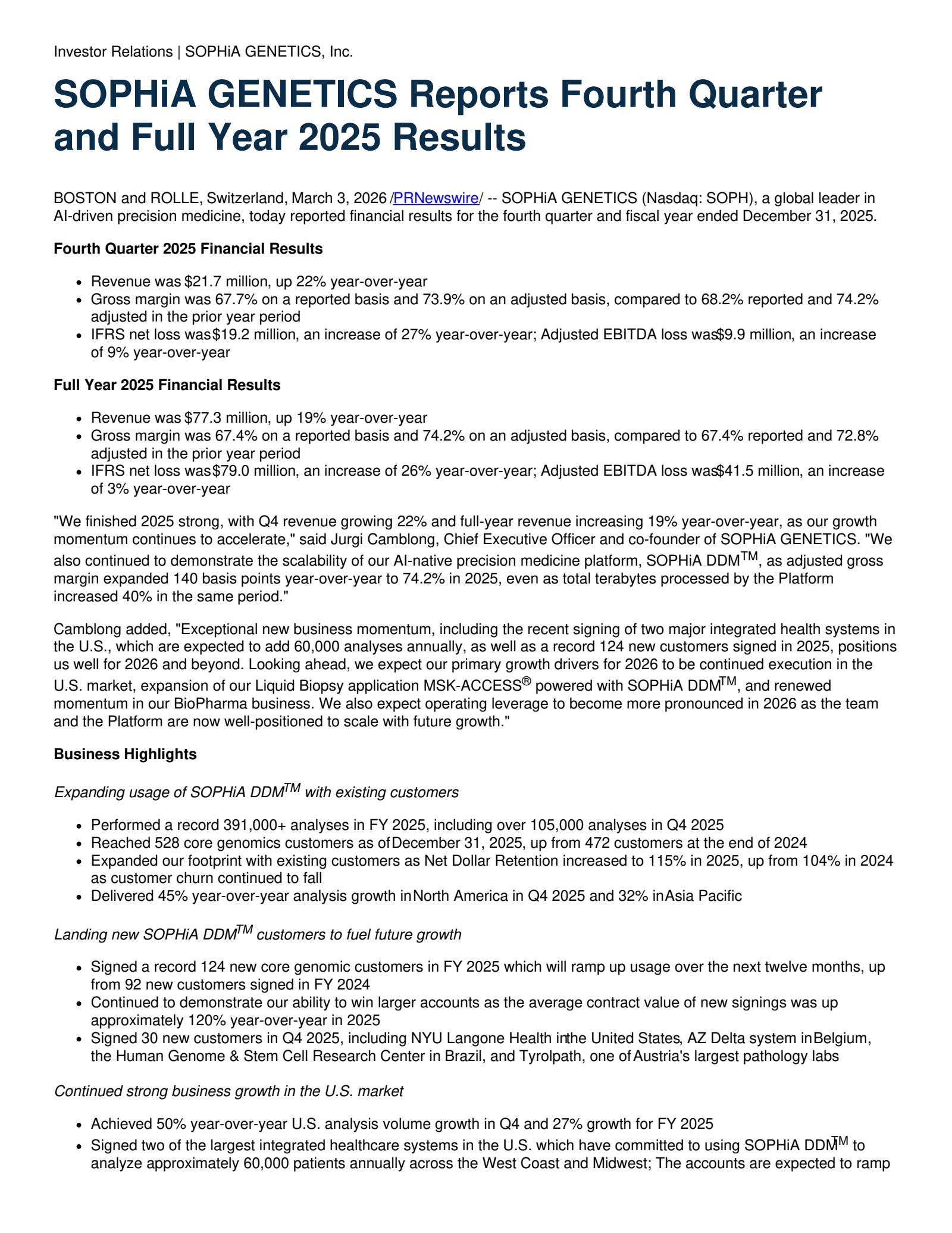 SOPHiA GENETICS's Q4 2025 Press Release