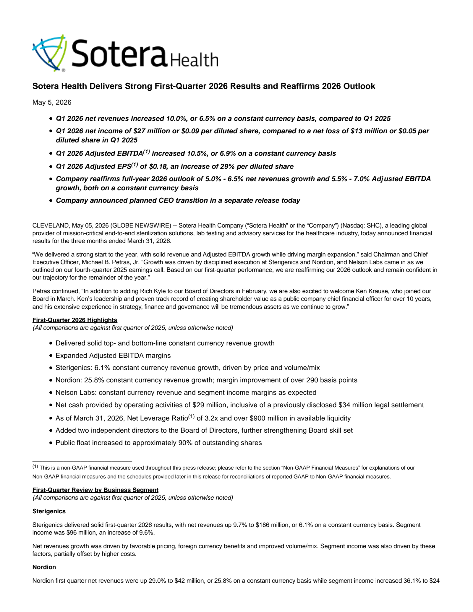 Sotera Health's Q1 2026 Press Release