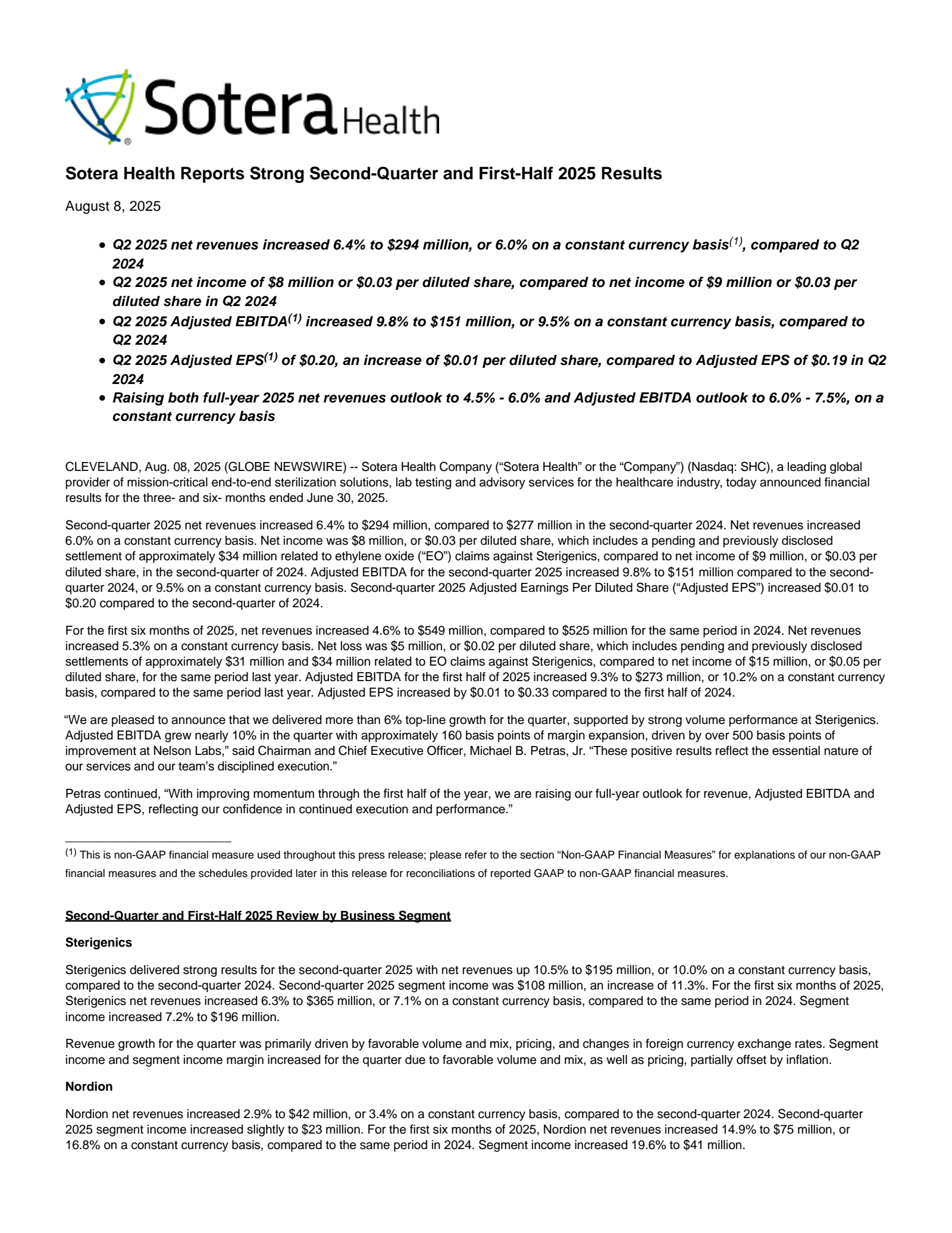 Sotera Health's Q2 2025 Press Release