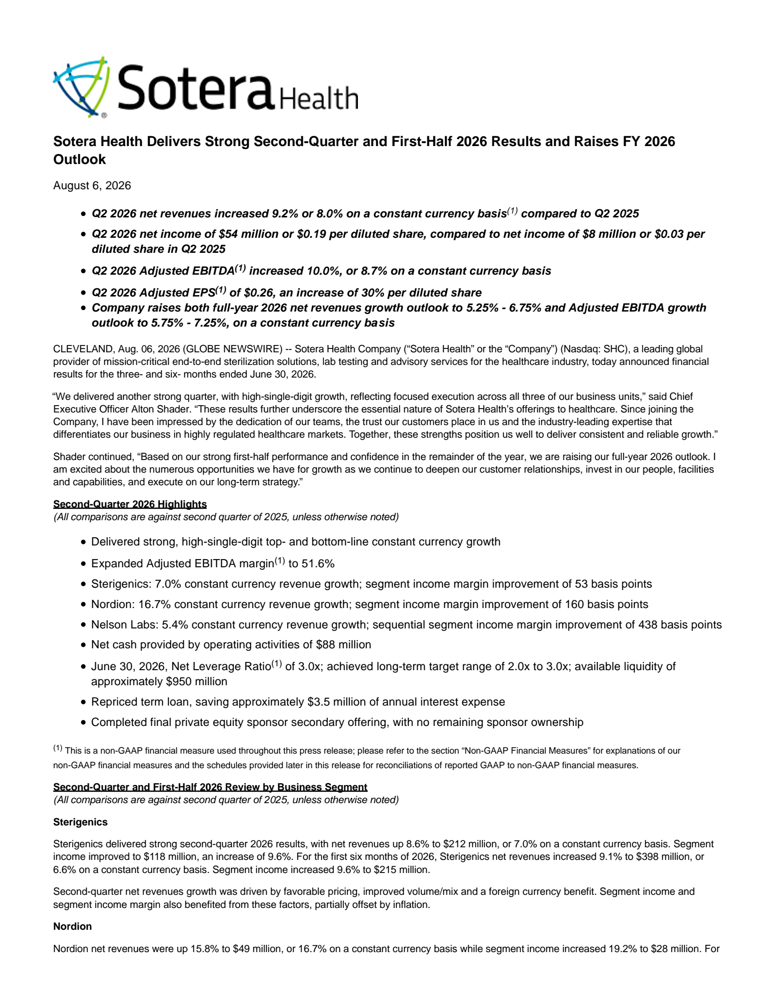 Sotera Health's Q2 2026 Press Release