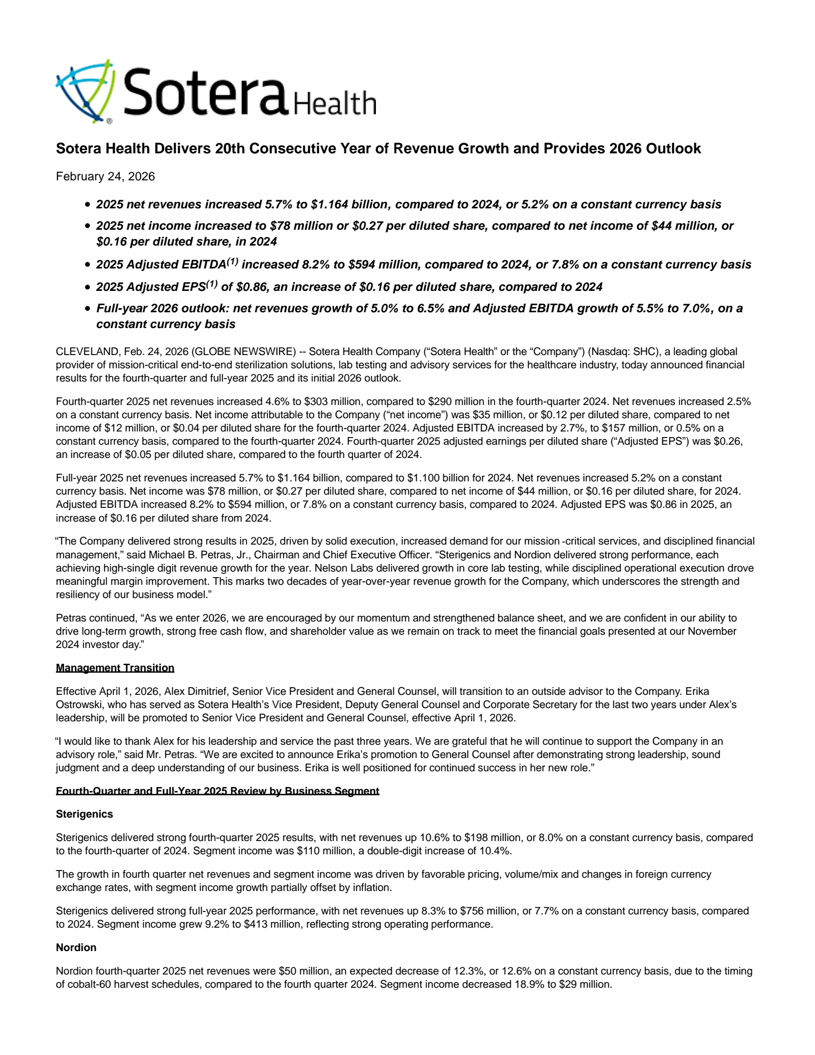 Sotera Health's Q4 2025 Press Release
