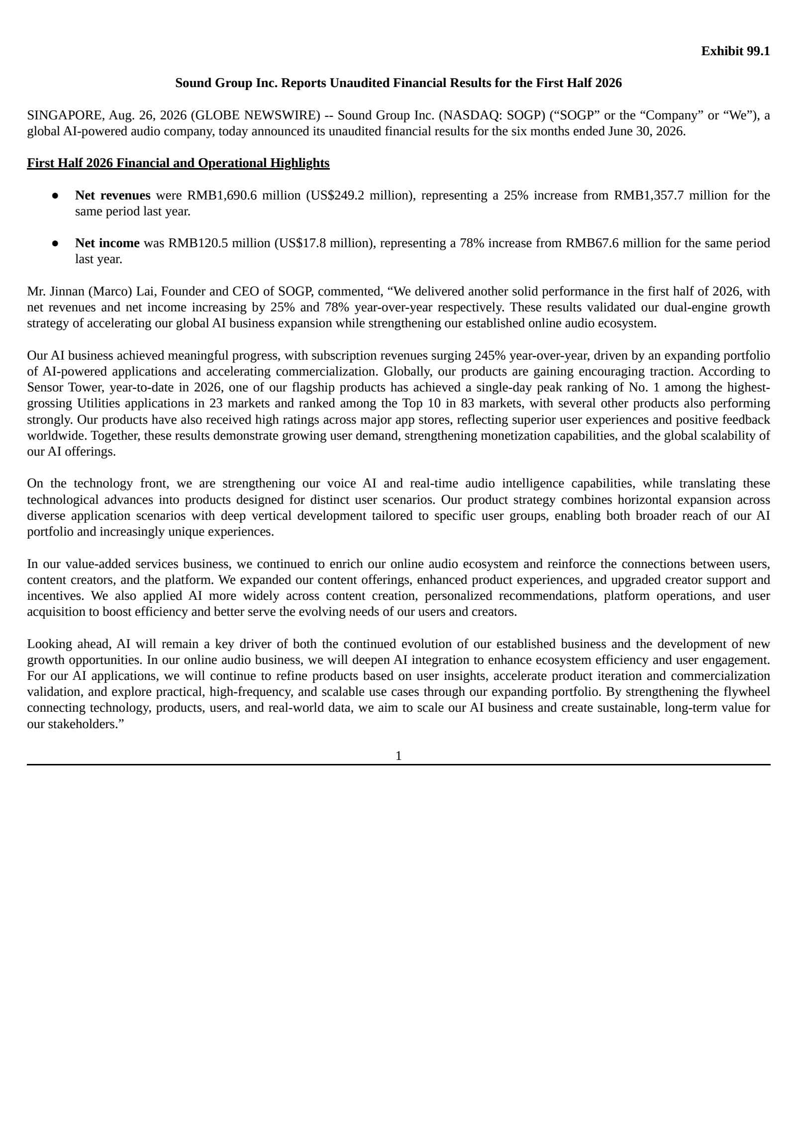 Sound Group's Q2 2026 Press Release