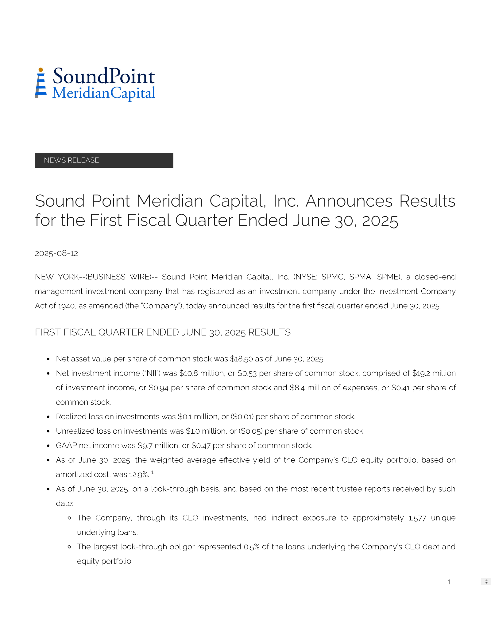 Sound Point Meridian Capital's Q1 25/26 Press Release