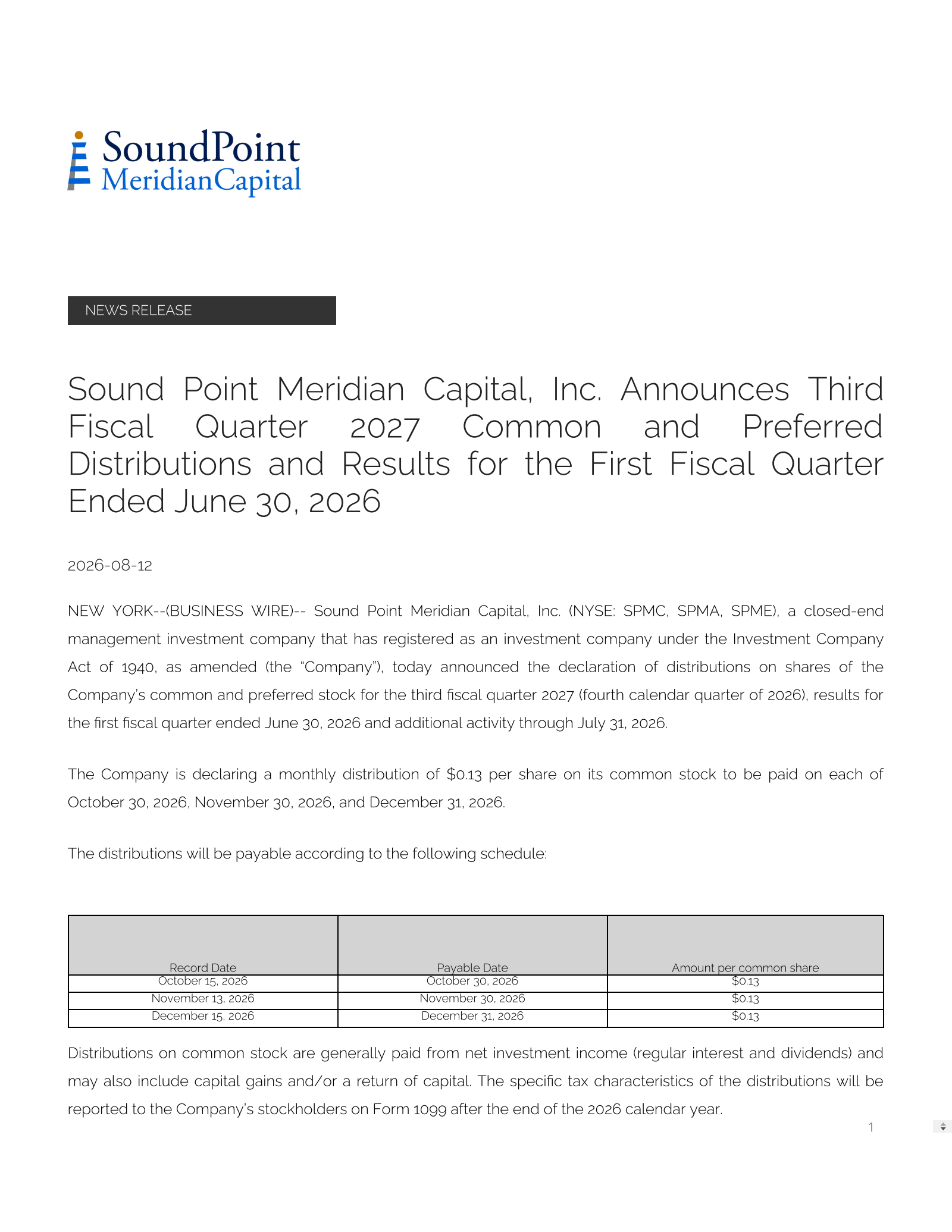 Sound Point Meridian Capital's Q1 26/27 Press Release