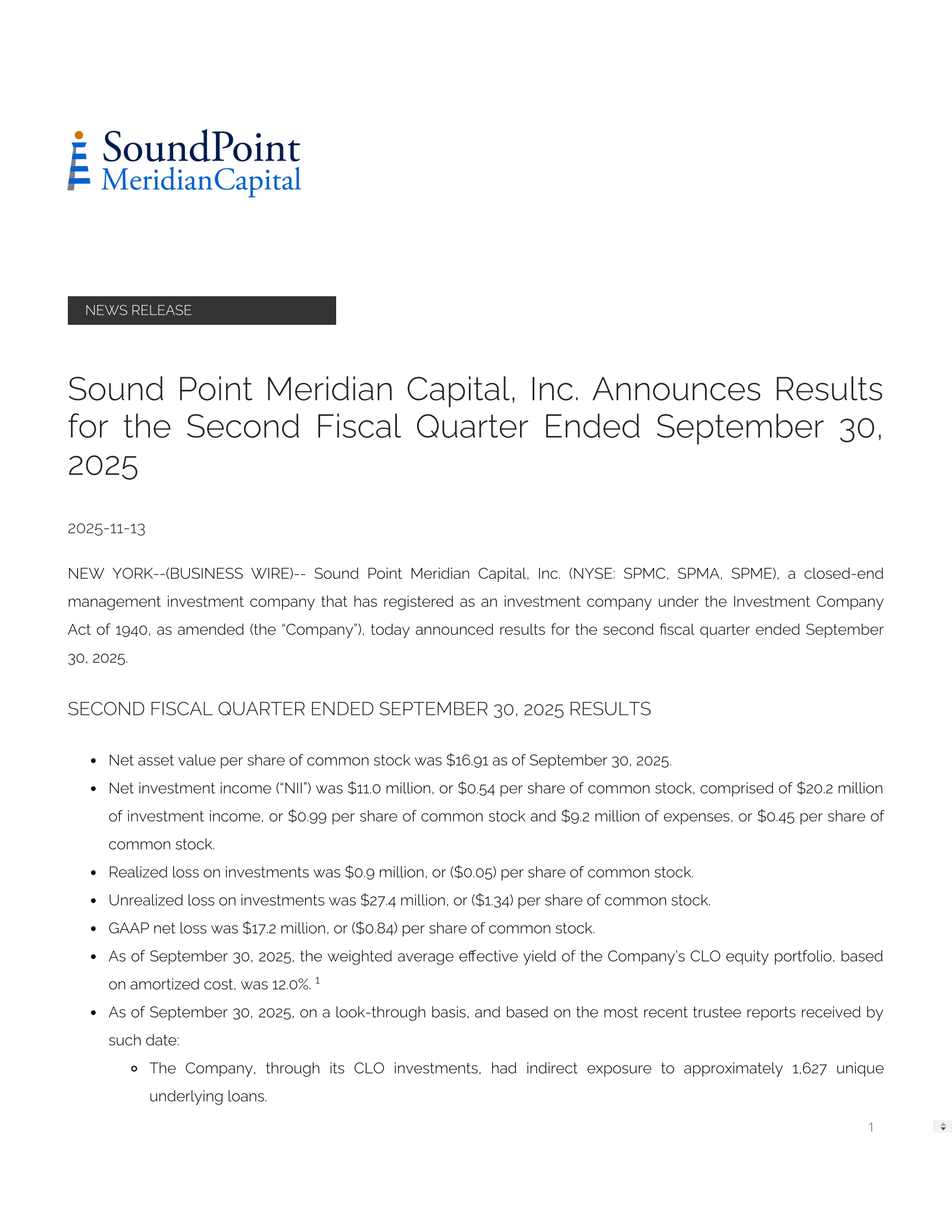 Sound Point Meridian Capital's Q2 25/26 Press Release