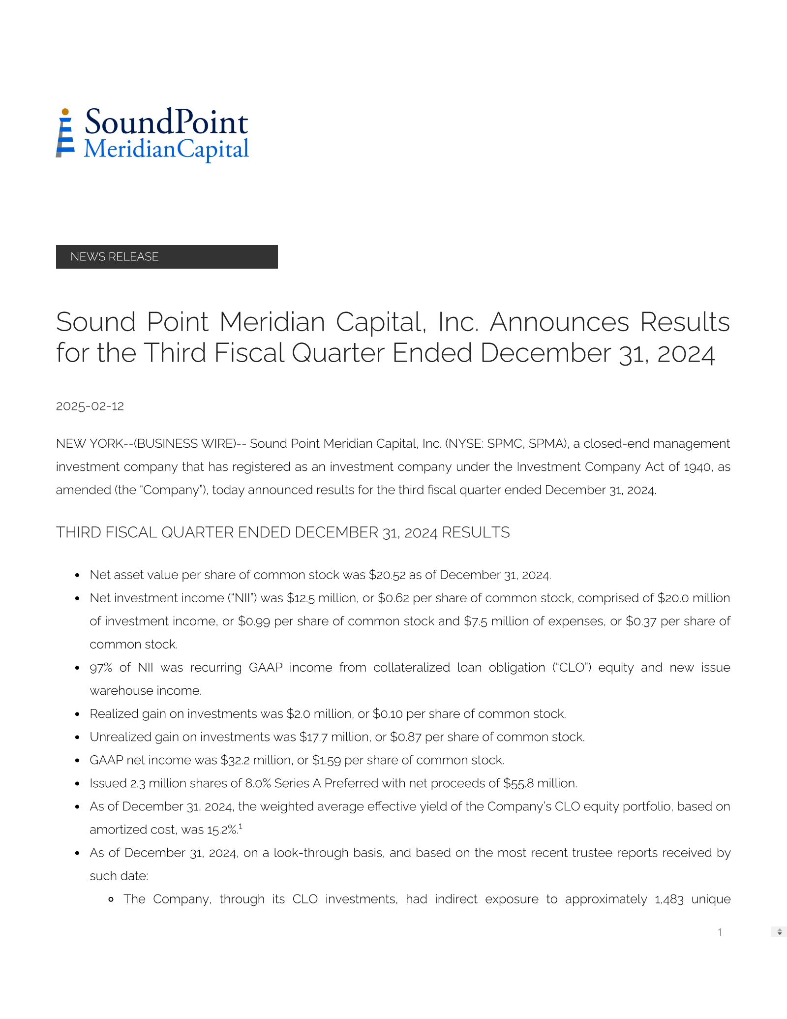 Sound Point Meridian Capital's Q3 24/25 Press Release
