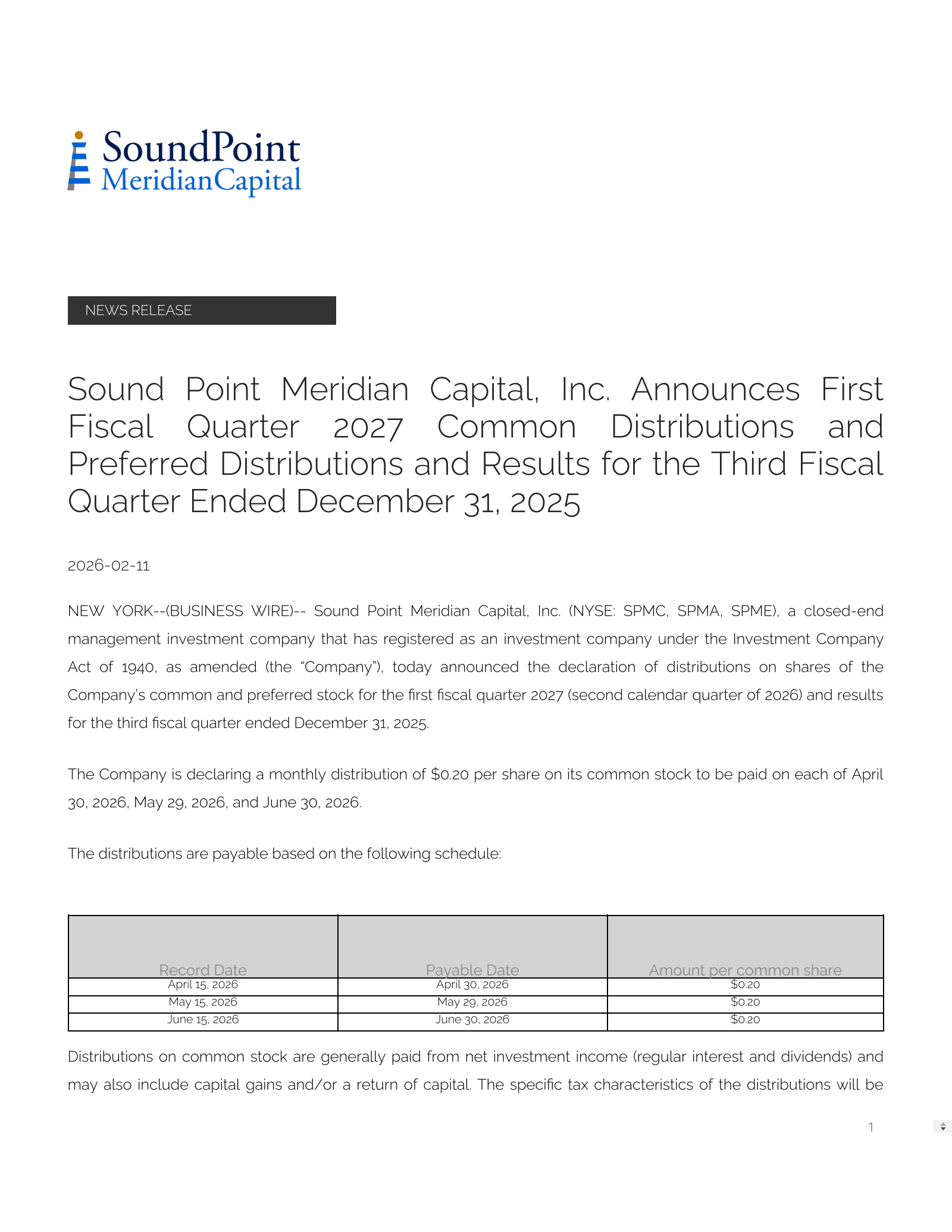 Sound Point Meridian Capital's Q3 25/26 Press Release