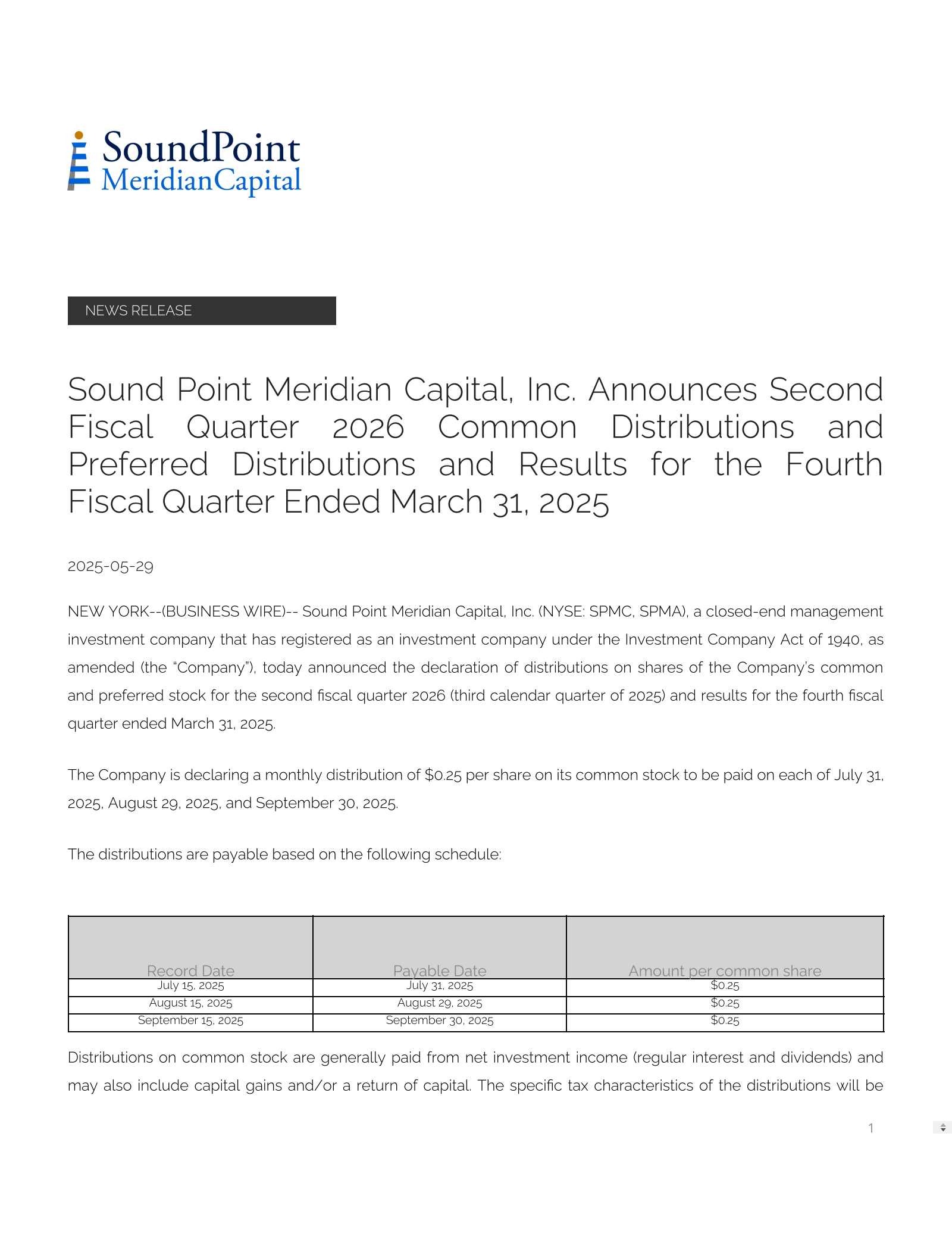 Sound Point Meridian Capital's Q4 24/25 Press Release