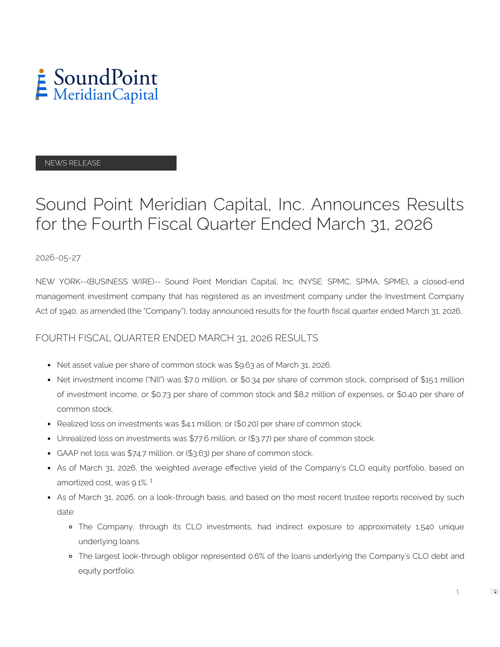 Sound Point Meridian Capital's Q4 25/26 Press Release