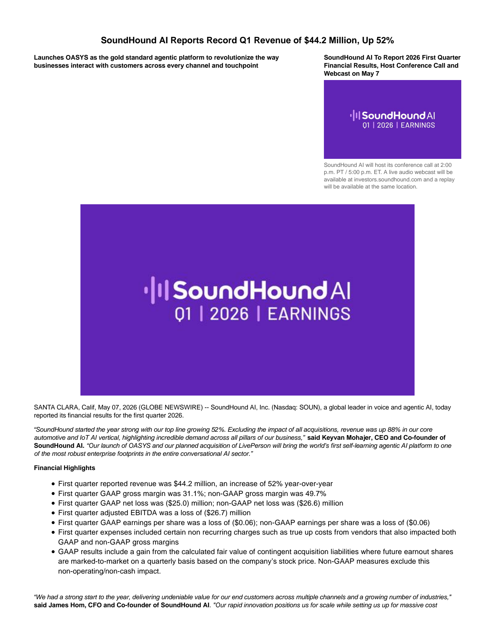 SoundHound AI's Q1 2026 Press Release
