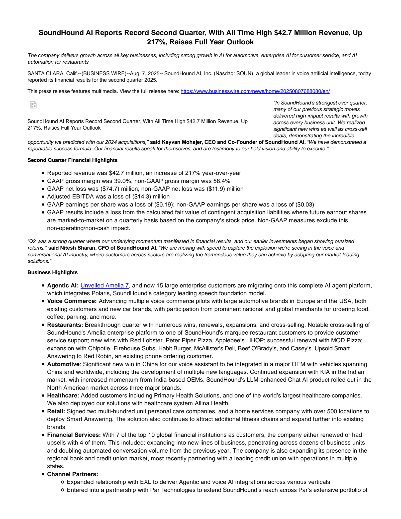 SoundHound AI's Q2 2025 Press Release